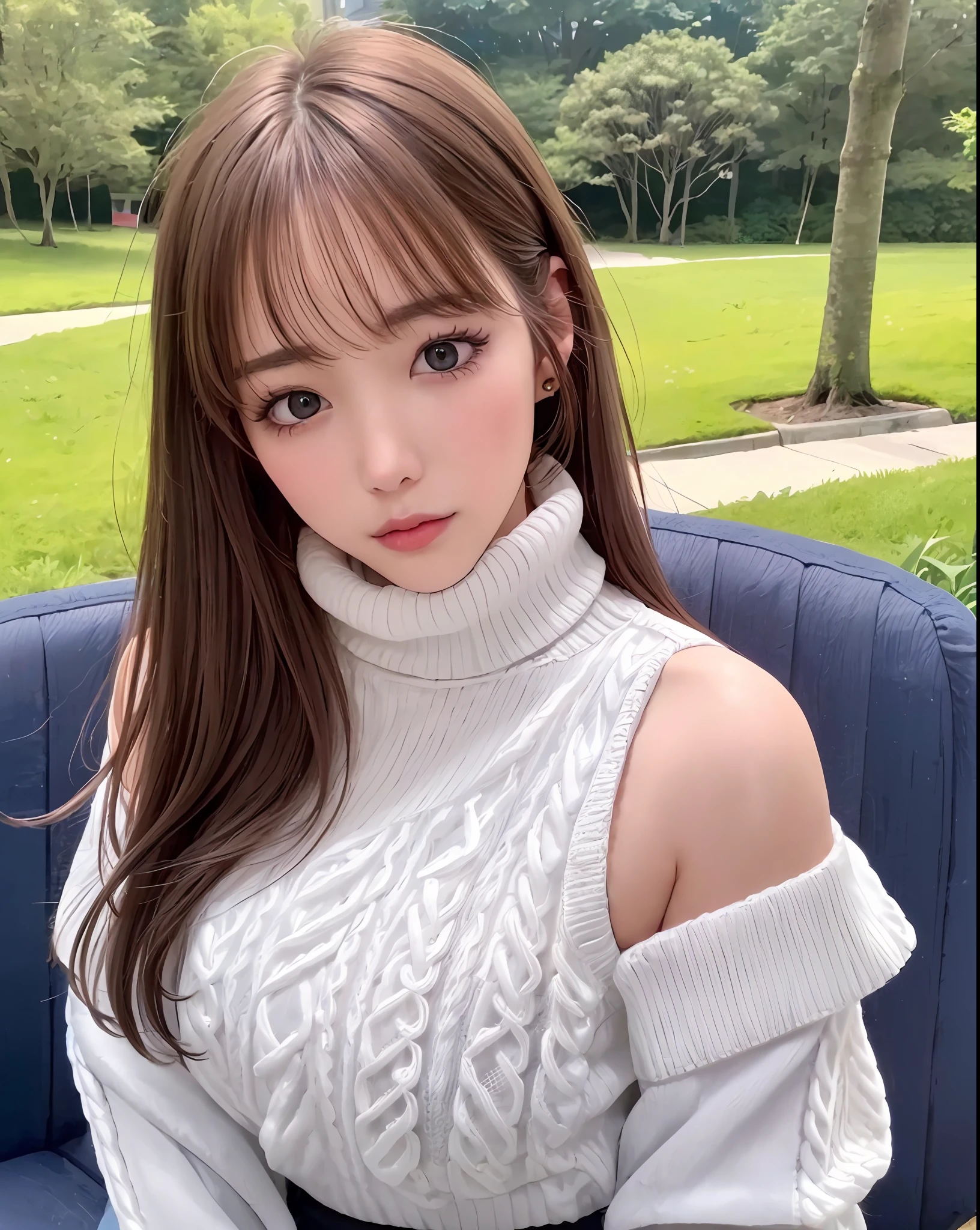 pureerosface_v1, best quality, photorealistic, 8k, high res, full color, 1girl, woman, 20 years old woman, (closed mouth:1.52), (skindentation), (portrait:0.6), trees, park bench, daylight, ((park background:1.52)), full color, ((necksweater:1.68)), straight-looking at viewer:1.8, (1girl eyes looking at viewer:1.55), (shoulder-length hair, blackhair, partedbangs:1.45), (bokeh),