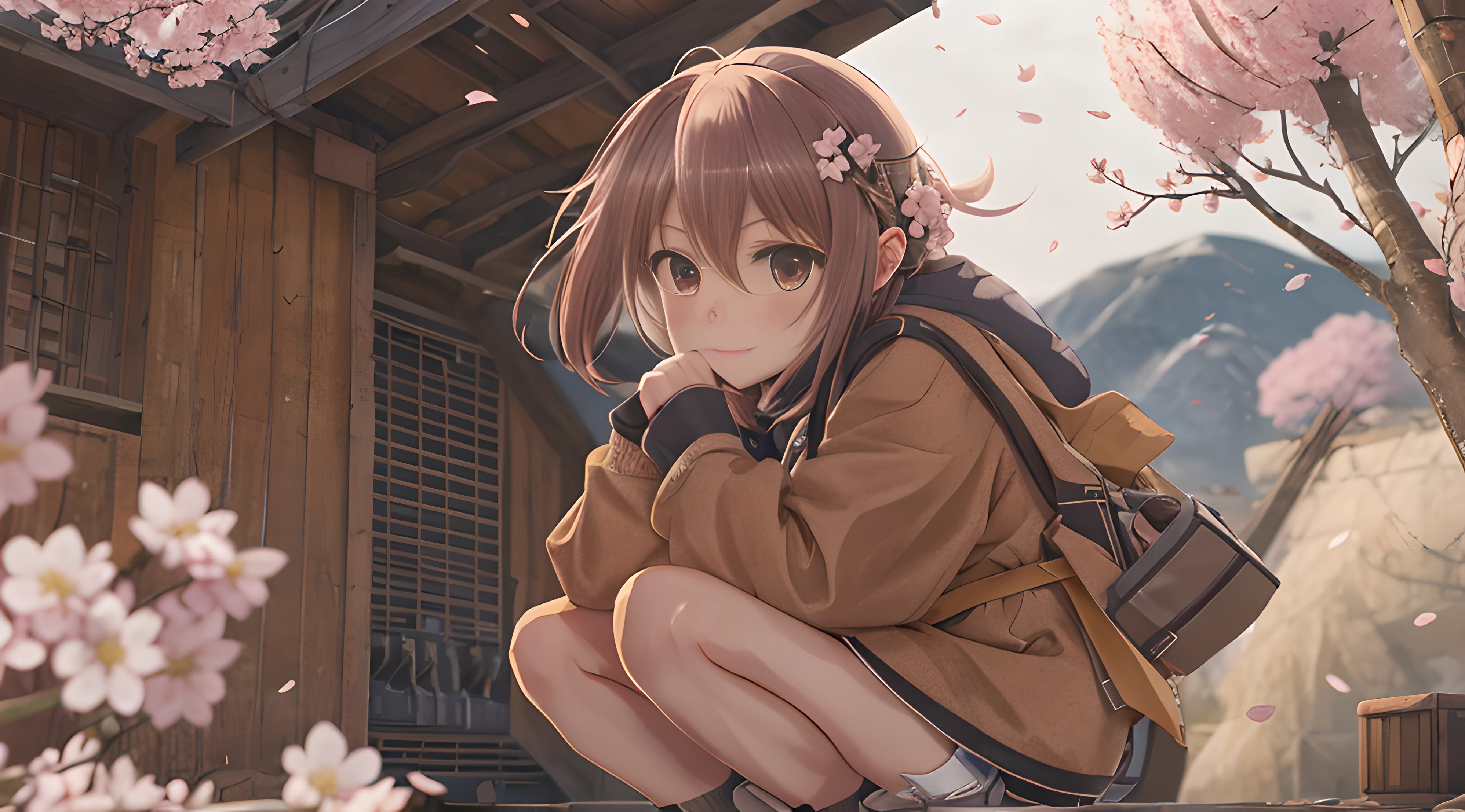 (Best Quality), (8K), (Detailed background), Detailed landscapes, factories, Brown eyes, Upper body, Komono, cherryblossom, a macro giantess, beautiful anime girl squatting, der riese,
