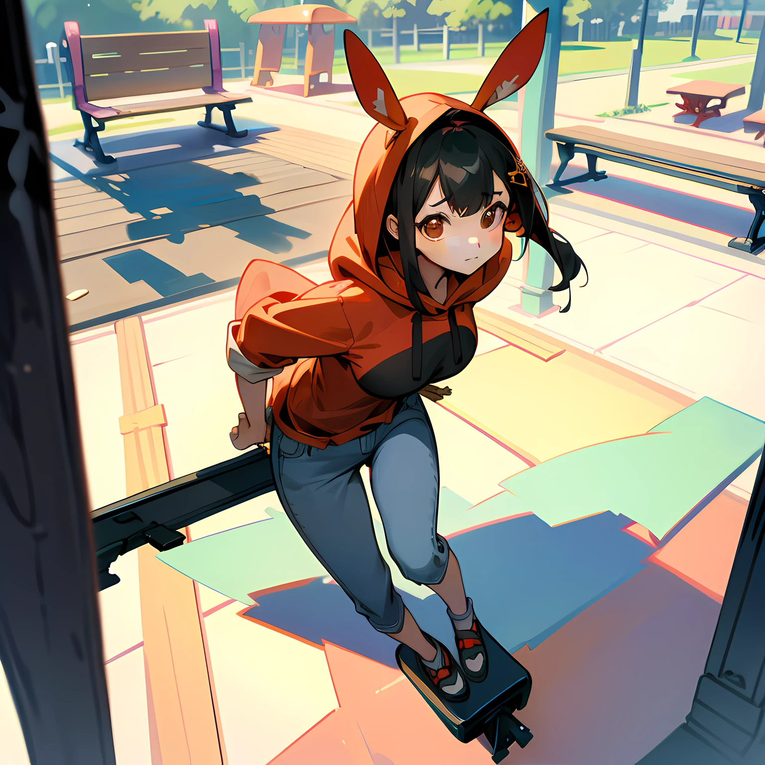 One girl. (masutepiece, of the highest quality, Kyoto Animation Style Illustration, of the highest quality, Official art, aesthetics, Beautiful details, :1. 2), BREAK, (17 years old girl), Very detailed, colourfull, highest details, BREAK, (Huge breasts: 1. 2,), Clear skin, Beautiful skin, Shy skin, with fringes, 1 beautiful girl, (17 years old girl), Very detailed, colourfull, highest details, BREAK, (girl, Cute, Cheerful, Loli face, A dark-haired、a short bob、tareme, gleaming skin, Hugging a stuffed rabbit, Playboy Bunny, Solo, (Jeans shorts:1.1),(Red Sleeveless Hoodie:1.2),BREAK,Walking,Surprised face when meeting an acquaintance,BREAK,(In the room of the park:1.3),(blocky, Benches, seesaw:1.5),( A few schoolchildren),window,