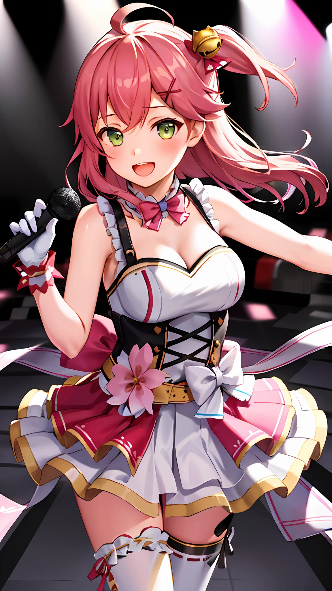 masterpiece, best quality, highres, miko4, 1girl, hololive idol uniform, sakura miko, idol clothes, green eyes, ahoge, pink hair, solo, x hair ornament, hairclip, single thighhigh, white gloves, long hair, floral print, bell, hair bell, cleavage, pink thighhighs, one side up, on the stage, microphone, smile, open mouth,  blush, show teeth,