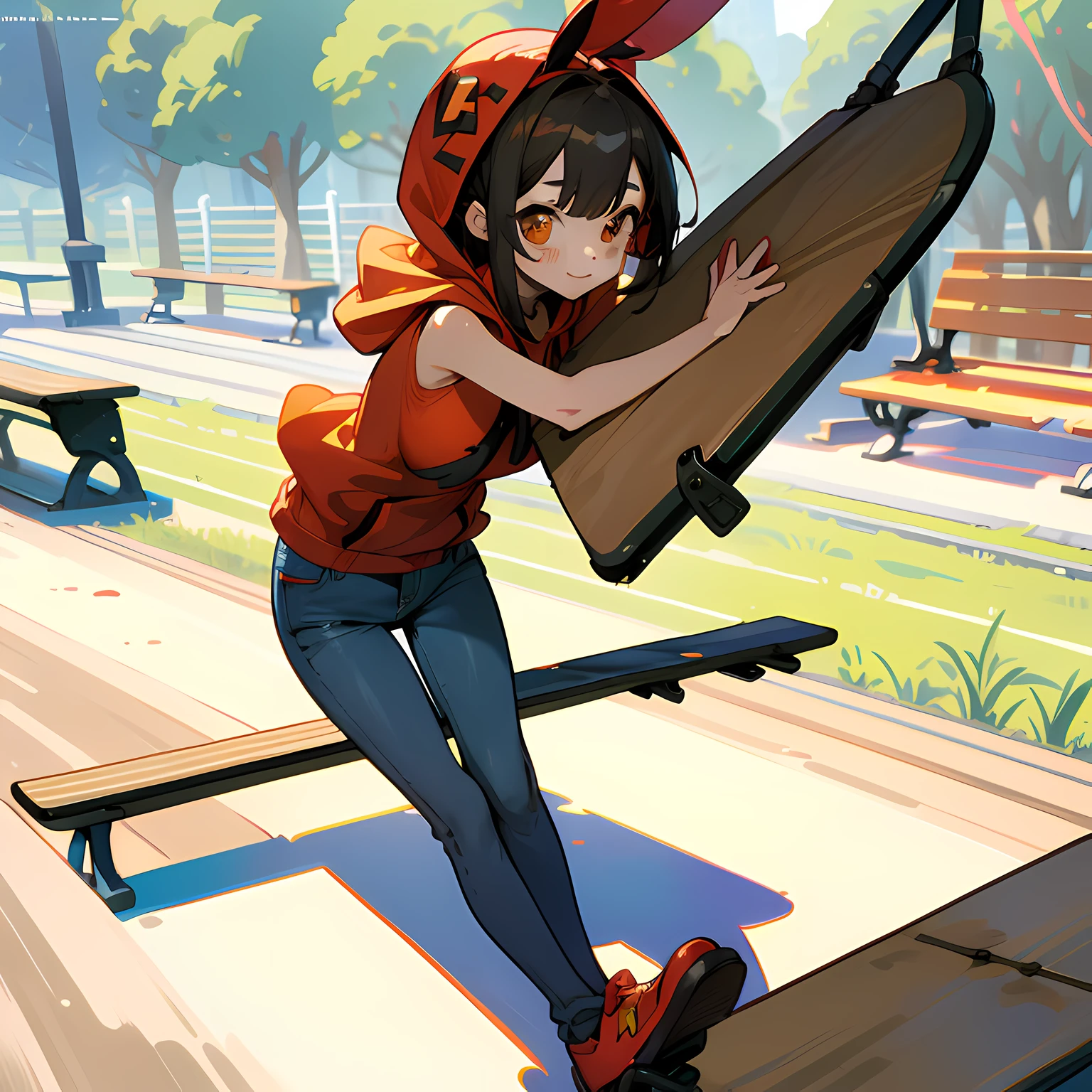One girl. (masutepiece, of the highest quality, Kyoto Animation Style Illustration, of the highest quality, Official art, aesthetics, Beautiful details, :1. 2), BREAK, (17 years old girl), Very detailed, colourfull, highest details, BREAK, (Huge breasts: 1. 2,), Clear skin, Beautiful skin, Shy skin, with fringes, 1 beautiful girl, (17 years old girl), Very detailed, colourfull, highest details, BREAK, (girl, Cute, Cheerful, Loli face, A dark-haired、a short bob、tareme, gleaming skin, Hugging a stuffed rabbit, Playboy Bunny, Solo, (Jeans shorts:1.1),(Red Sleeveless Hoodie:1.2),BREAK,Walking,Surprised face when meeting an acquaintance,BREAK,(In the room of the park:1.3),(blocky, Benches, seesaw:1.5),( A few schoolchildren),window,