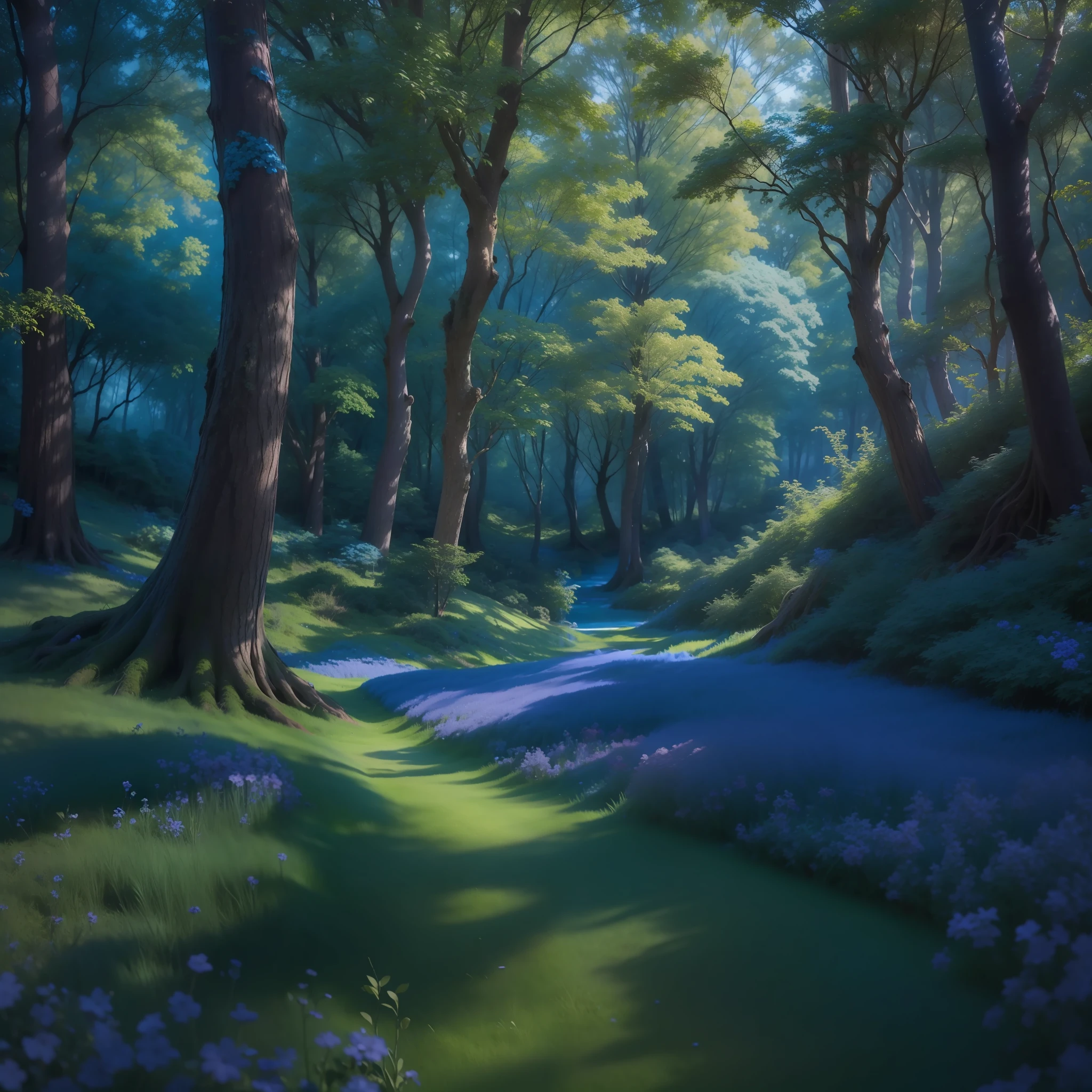 Focal length 15mm，Cinematic shots，high definition 4k，(Enchanted Forest in the afternoon，，Blue Forest，In a corner of the Blue Enchanted Forest：1.2)，（large scene：1.5）
