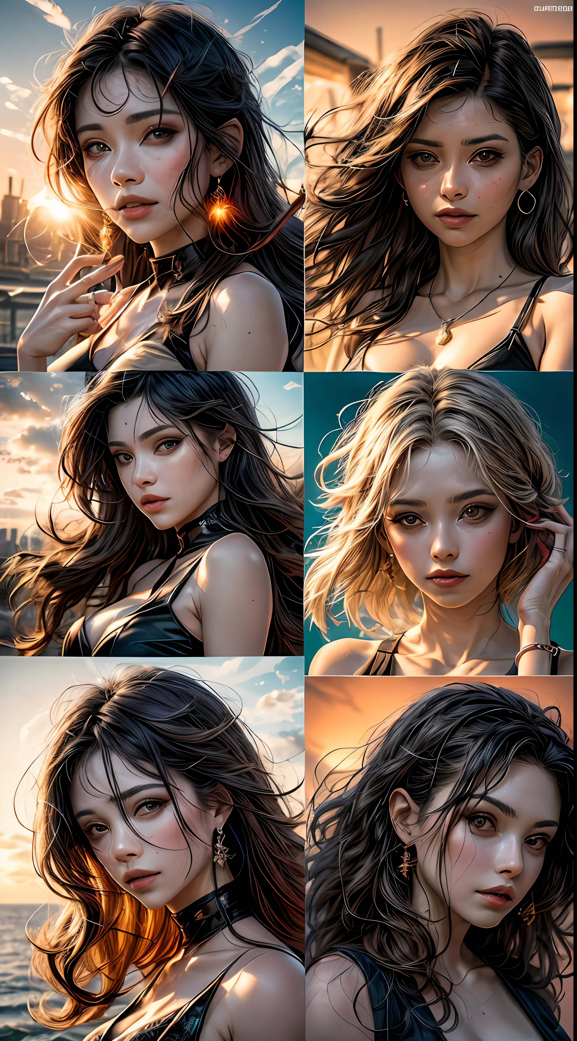 1 Garota de 18 anos, morena cabelos cacheados e curto, vestido vermelho e transparente, Bottom-up angle , banhado em tons quentes de laranja, as if illuminated by the soft glow of a sunset, seus olhos brilhando de alegria e contentamento, framed by flowing strands of hair, fotografia, fotografada com uma lente de 35mm