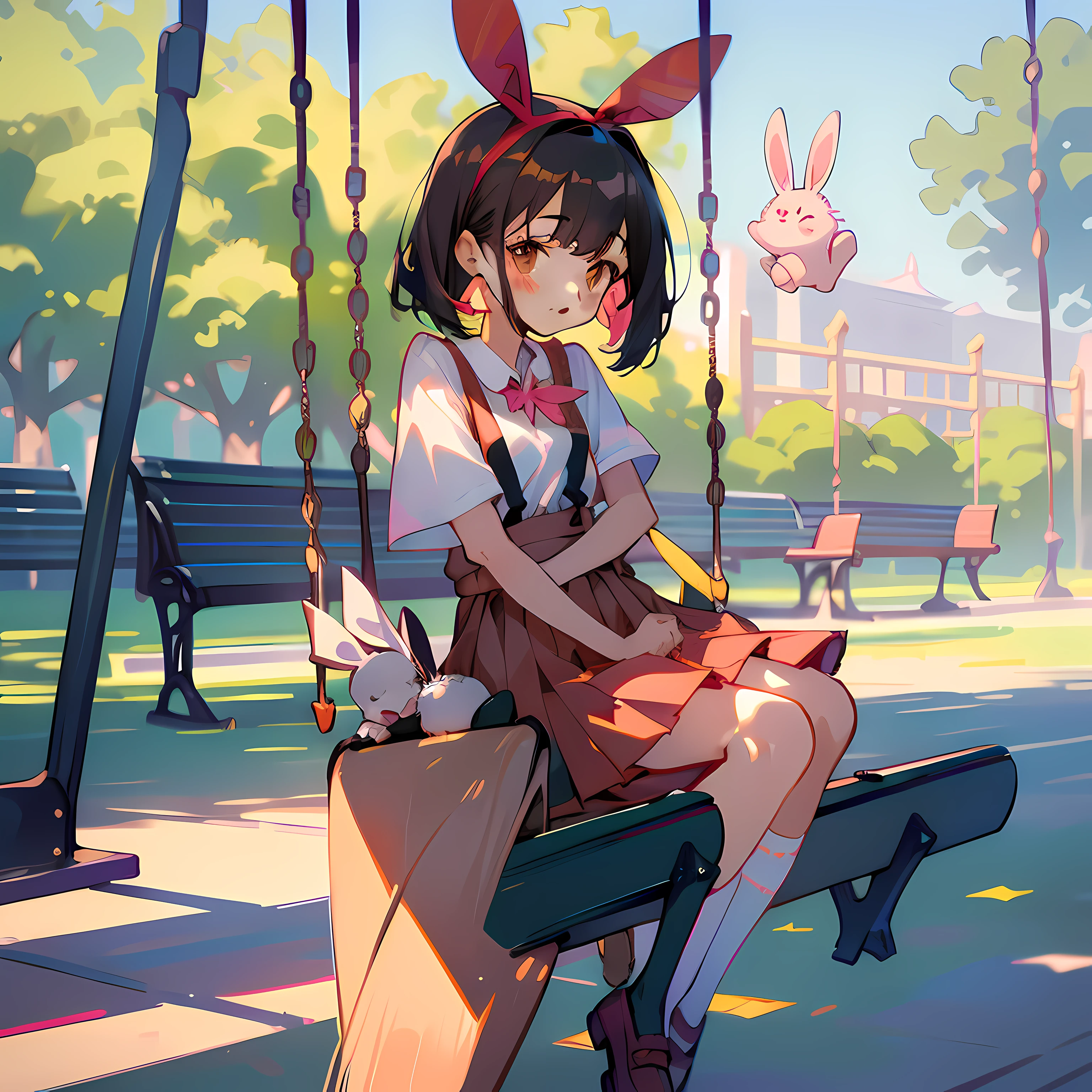 One girl. (masutepiece, of the highest quality, Kyoto Animation Style Illustration, of the highest quality, Official art, aesthetics, Beautiful details, :1. 2), BREAK, ( girl), Very detailed, colourfull, highest details, BREAK, (girl, Cute, Cheerful, Loli face, A dark-haired、a short bob、tareme, gleaming skin, Hugging a stuffed rabbit, Playboy Bunny,(tshirts:1.1),(Pleated skirt and red suspenders:1.2), High socks with pink and yellow stripes,Pink Bunny Years Hair Band,BREAK,Walking,Mouth open,Open eyes,Right hand,Surprised face when meeting an acquaintance, BREAK,(a park:1.3),(swing, Benches, seesaw:1.5),( A few schoolchildr