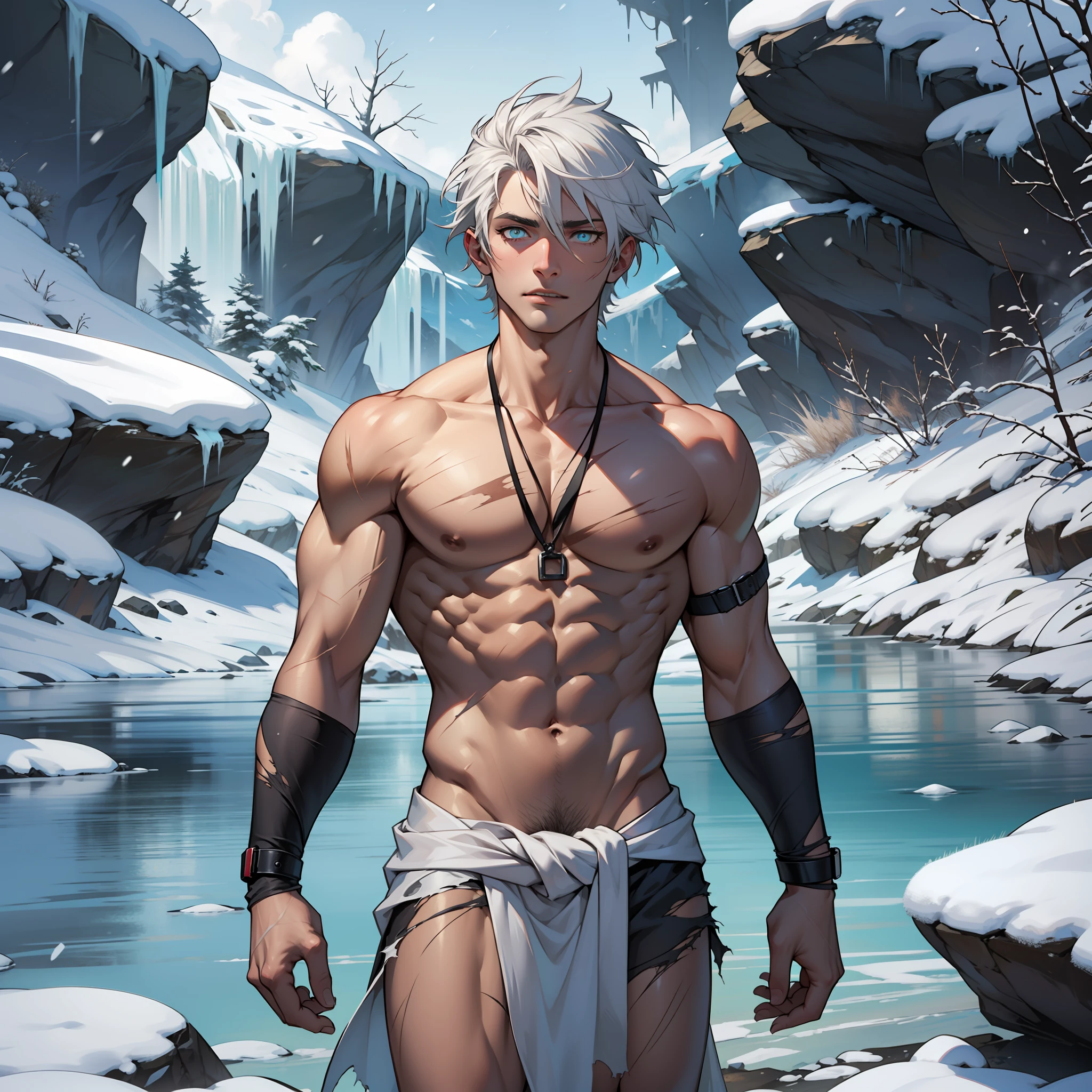 Handsome white-haired guy,short detailed hair,Pick dyeing,In the ice and snow,NOWAI,On barren snowy mountains,Ao olhar para cima,Blizzard,Exhale from the mouth,Ancient wear,Immortal,cyan pupils,shoun,standing on your feet,Confused eyes,look,torn outfit,musculous,Expose abs,naked leg,Bare legged,full bodyesbian,Tattered cloth wrapped around the body,the scars,nakeness