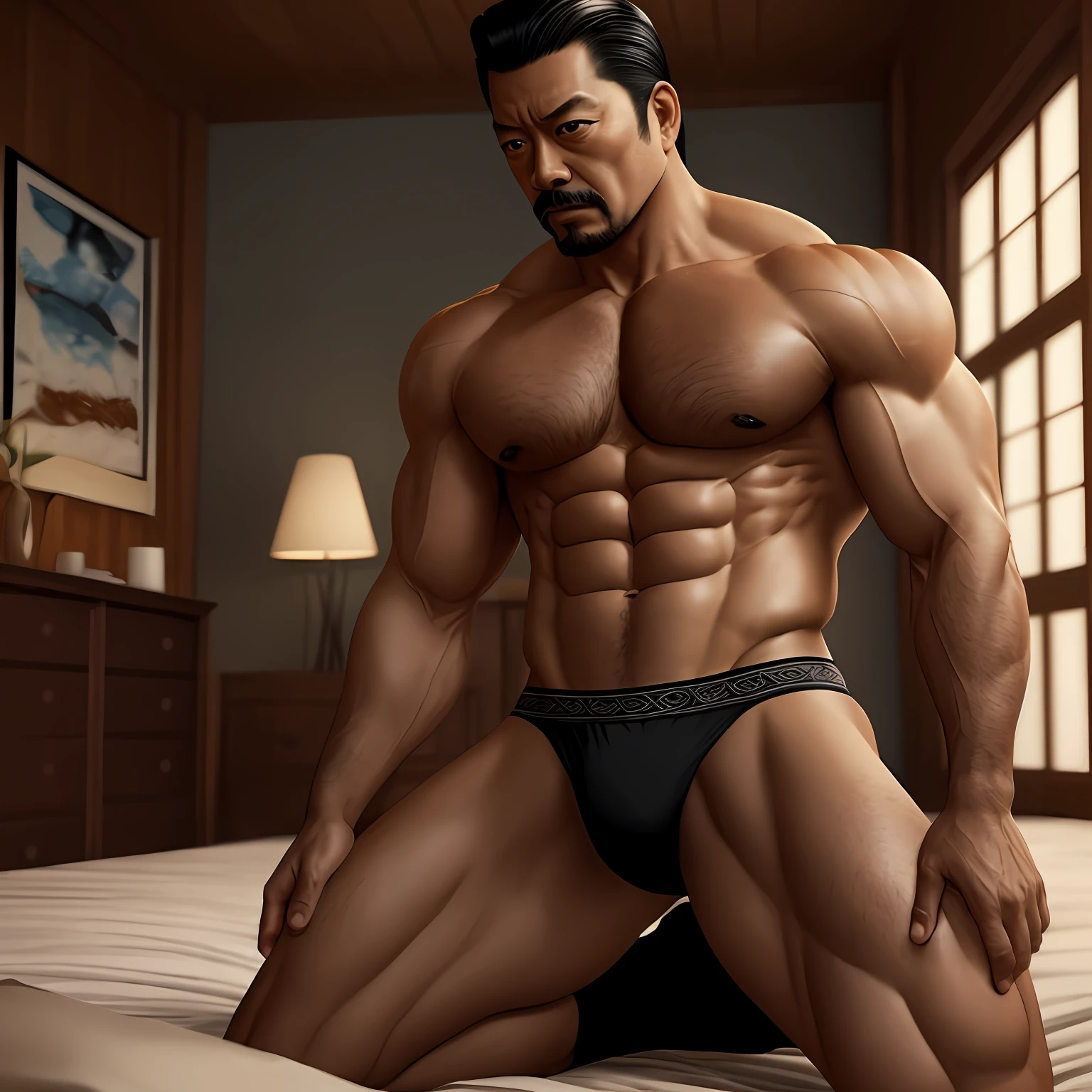 40-year-old Maori Kogoro，Shirtless，Tong，Bulge，onbed，Kneeling，black thong，black sock，Muscle men ，artwork of a，tmasterpiece，k hd，Cinematic texture