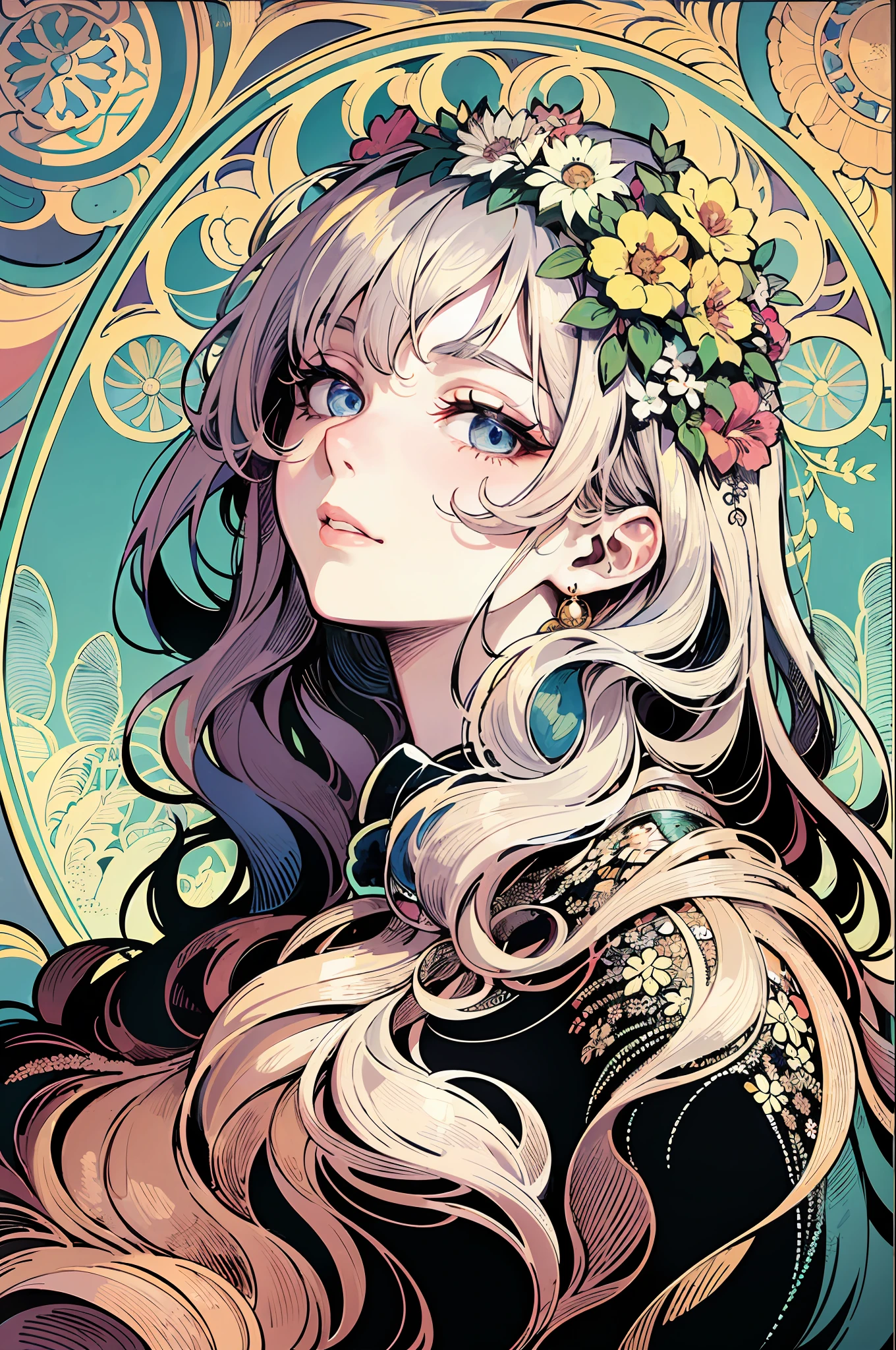 Facial portrait of a European woman, long curly hair, gray hair, floral frame, decorative panels, abstract art, Alphonse Mucha (masterpiece, best quality, high resolution: 1.4), detailed, intricate details, 4K, color splash, line art, Fibonacci,