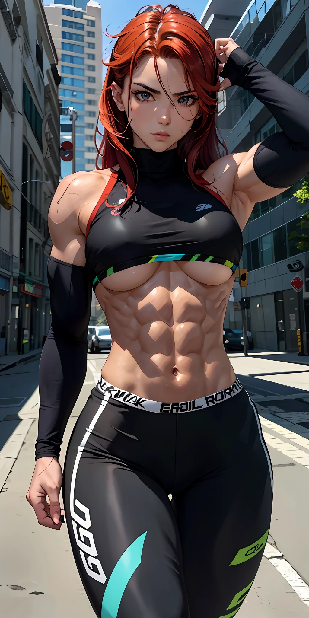 fisiculturista, Negra rosto bonito, serious face, Moreno, Olhos vermelhos, corpo perfeito, cabelo encaracolado,healthy body, cracked abdomen, musculoso, estrutura corporal detalhada, Sister, all parts are clearly visible,roupa fitness.
