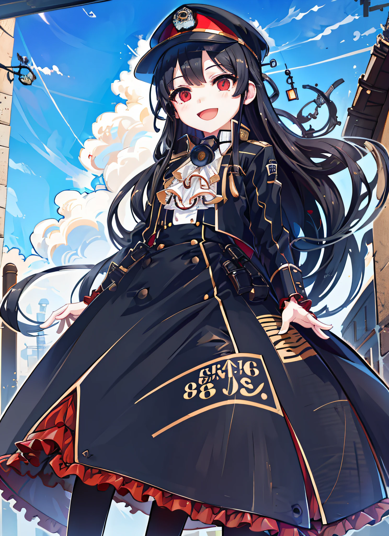 8k,(masterpiece),( best quality), (ultra-detailed),8620 \(maitetsu\),8620 \(uniform\),long sleeve,hat,frills,black dress,red eyes,long hair,black hair,:d,colorful,(Blue sky:1.2),street,cowboy shot