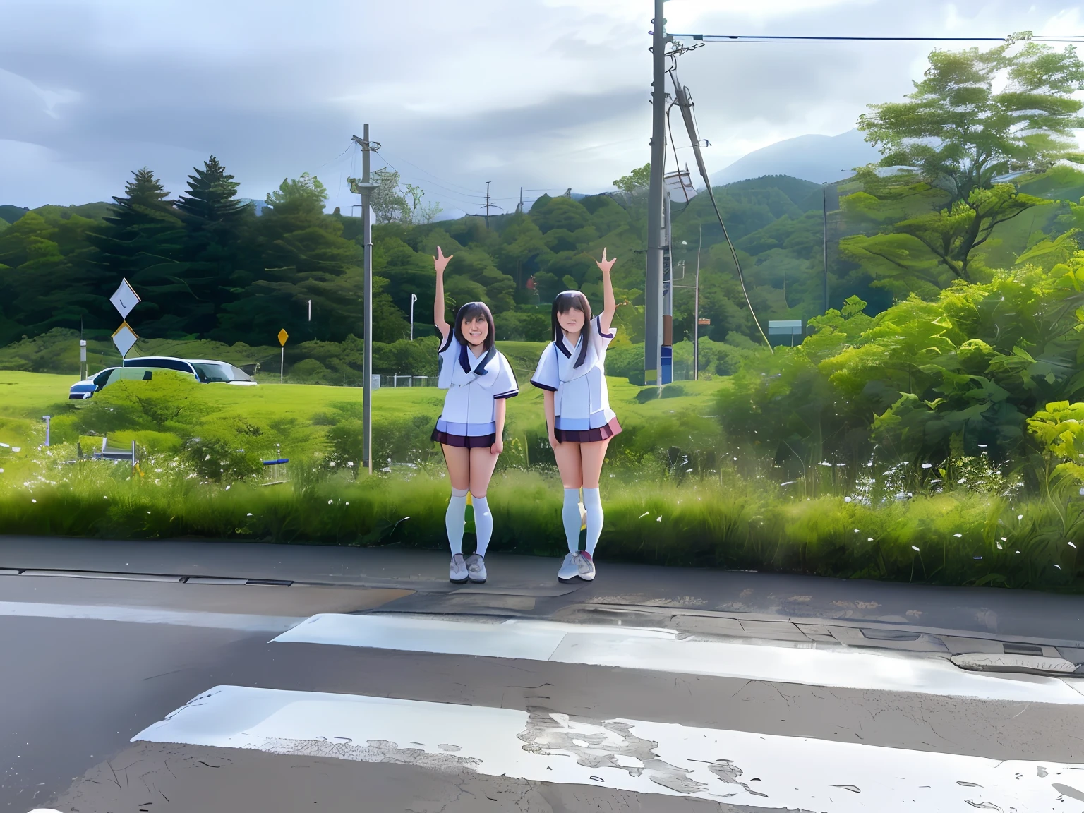 Two girls standing on the side of the road with their arms suspended in the air, 🚿🗝📝, standing on the road, two japanese schoolgirls posing, 8K)), intersection, Happy!!!, cheering, Pose(Arms up + Happy), standing bravely on the road, In Karuizawa, park in background, on the roadway, wearing japanese school uniform