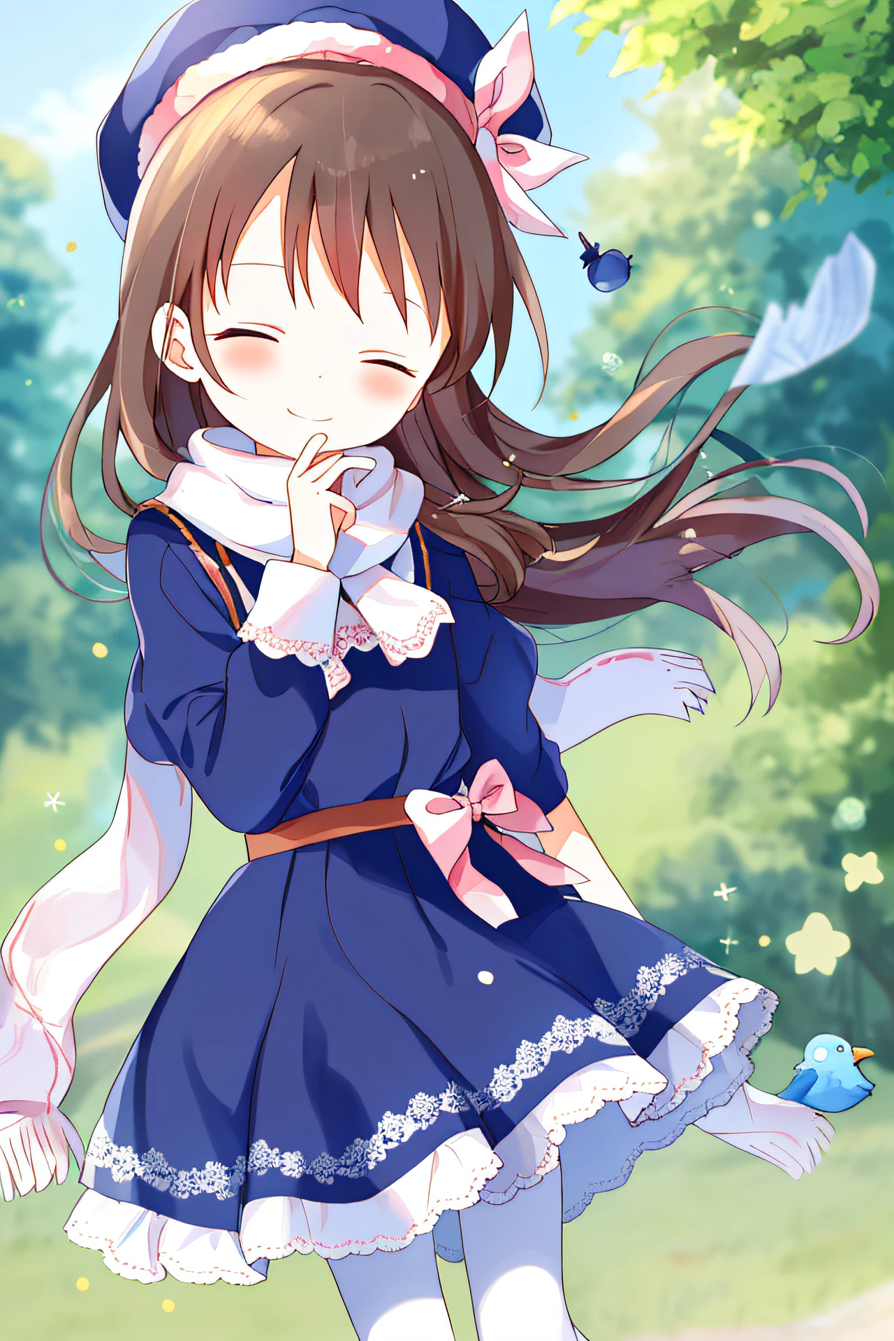 Masterpiece, Best quality, Masterpiece,eyelet, 1girll, Brown hair, Blue eyes, laughingly, One eye closed, Blush stickers, Hat, Closed mouth, Boots, White stockings, bow, bangs, Blush, Bird, Scarf, A blue headdress, Pink bow, black shadows, White pantyhose, Solo, Blue dress, Blue footwear, Blue T-shirt, hand on own cheek, hair between eye, shift dresses, Star hair ornaments,Nature background