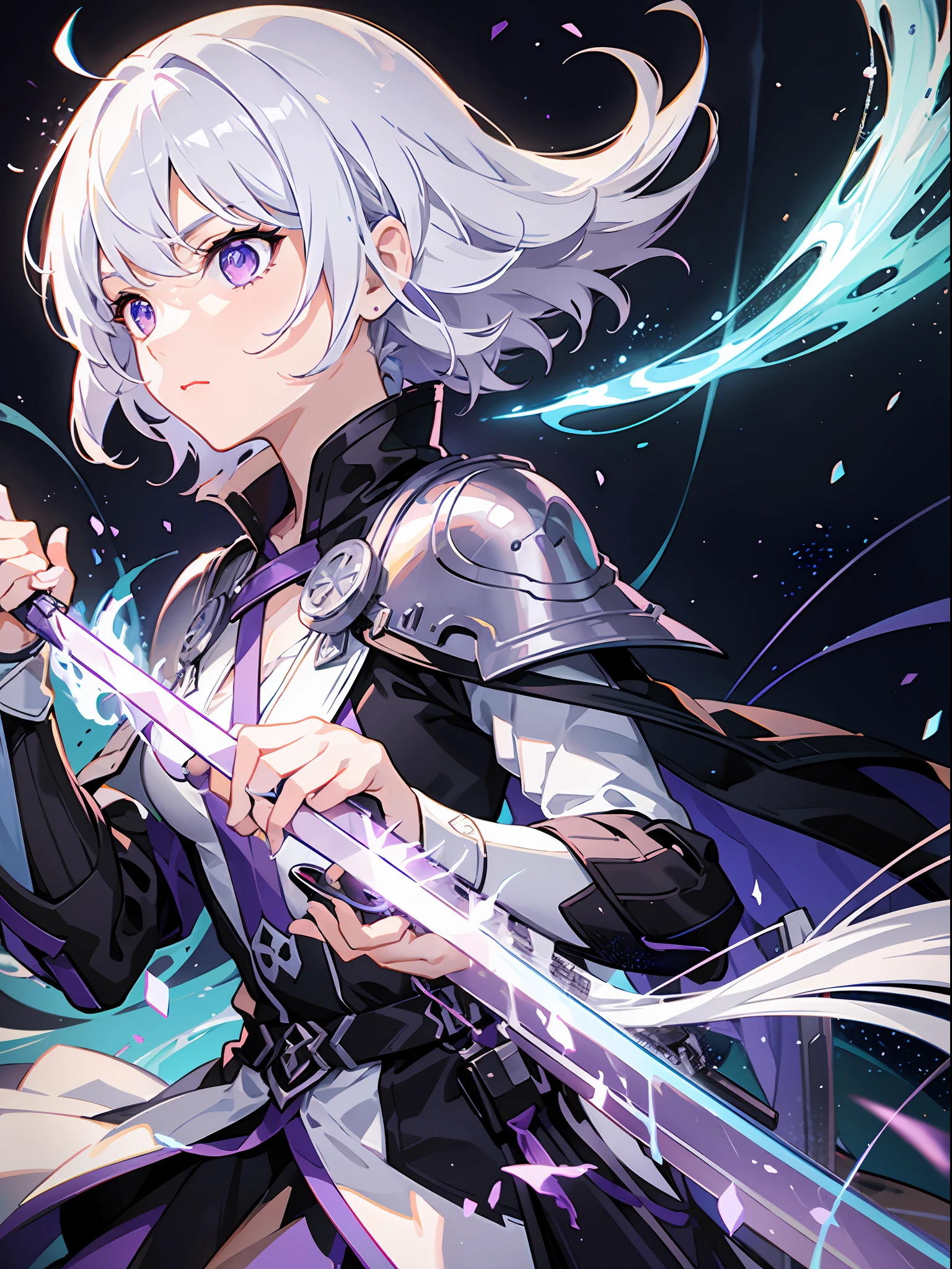 colorful, 1girl, white hair, purple eyes, dual wielding, sword, holding sword, blue flames, glow, glowing weapon, light particles, wallpaper, chromatic aberration,