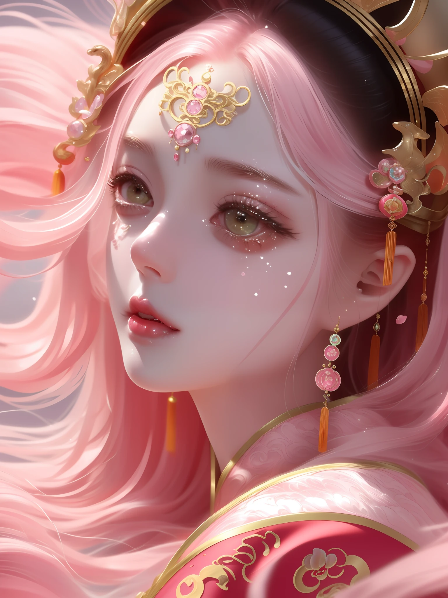 ((masterpiece)),((best quality)),(ultra-detailed),(illustration),((an extremely delicate and beautiful)),(dynamic angle),chinese dragon,china,1girl,(beautiful detailed eyes) ,Pink hair，Cute pink eyes,Pupils in pink color,s delicate face,The upper part of the body,Messy floating hair,messy  hair,focus-on,Perfect hands