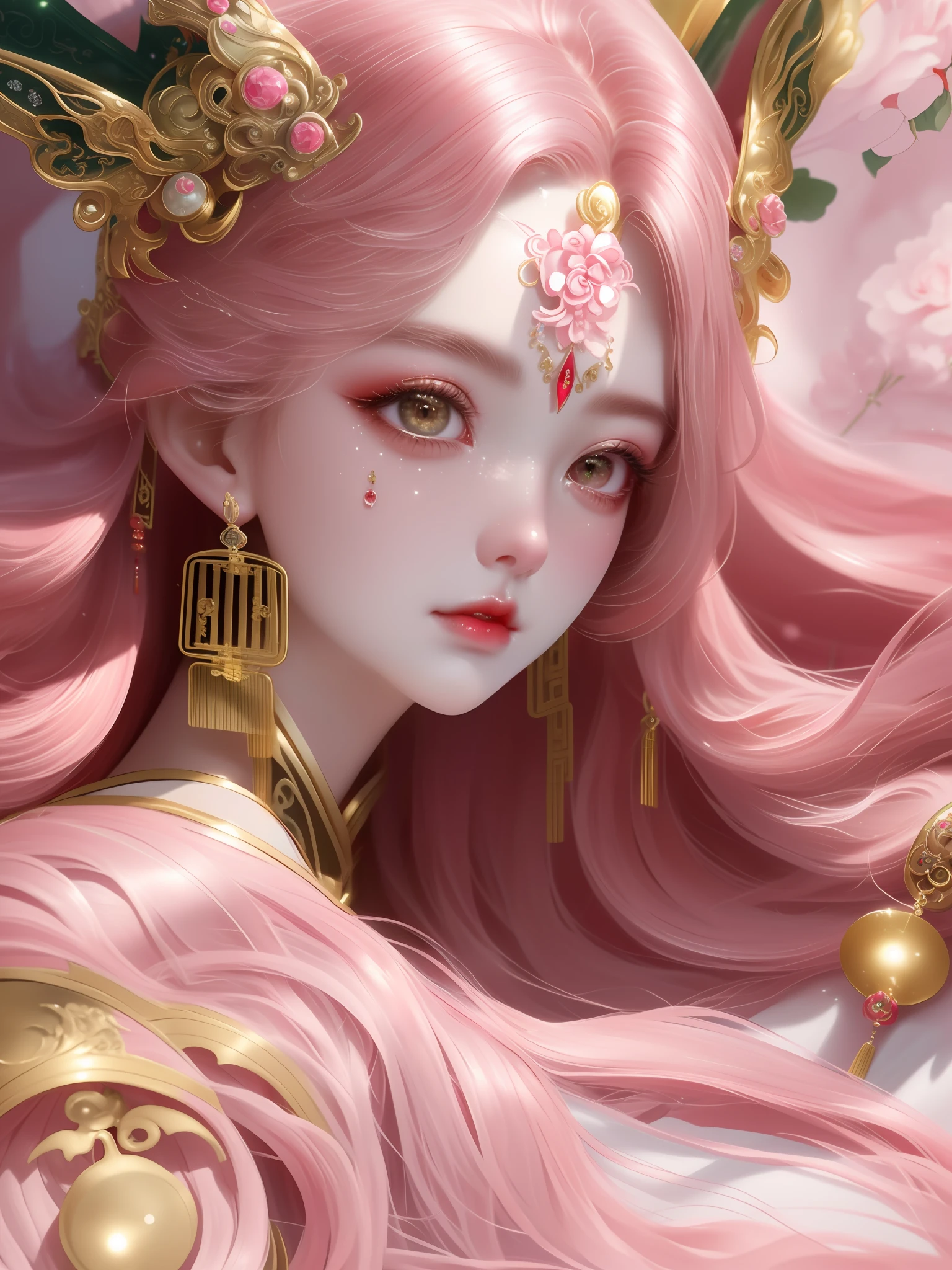 ((masterpiece)),((best quality)),(ultra-detailed),(illustration),((an extremely delicate and beautiful)),(dynamic angle),chinese dragon,china,1girl,(beautiful detailed eyes) ,Pink hair，Cute pink eyes,Pupils in pink color,s delicate face,The upper part of the body,Messy floating hair,messy  hair,focus-on,Perfect hands