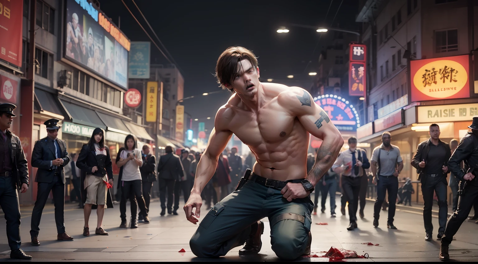 (masterwork) Very high quality, Full body shot, Super detailed shooting, Resident Evil setting, Eastern male medical staff and injured male police officer, shirtless and bleeding, The duo dodged some zombies by the destroyed Ferris wheel at a Hong Kong amusement park, 32K resolution, Best quality, Dynamic pose, actionpose, Surreal and charming.