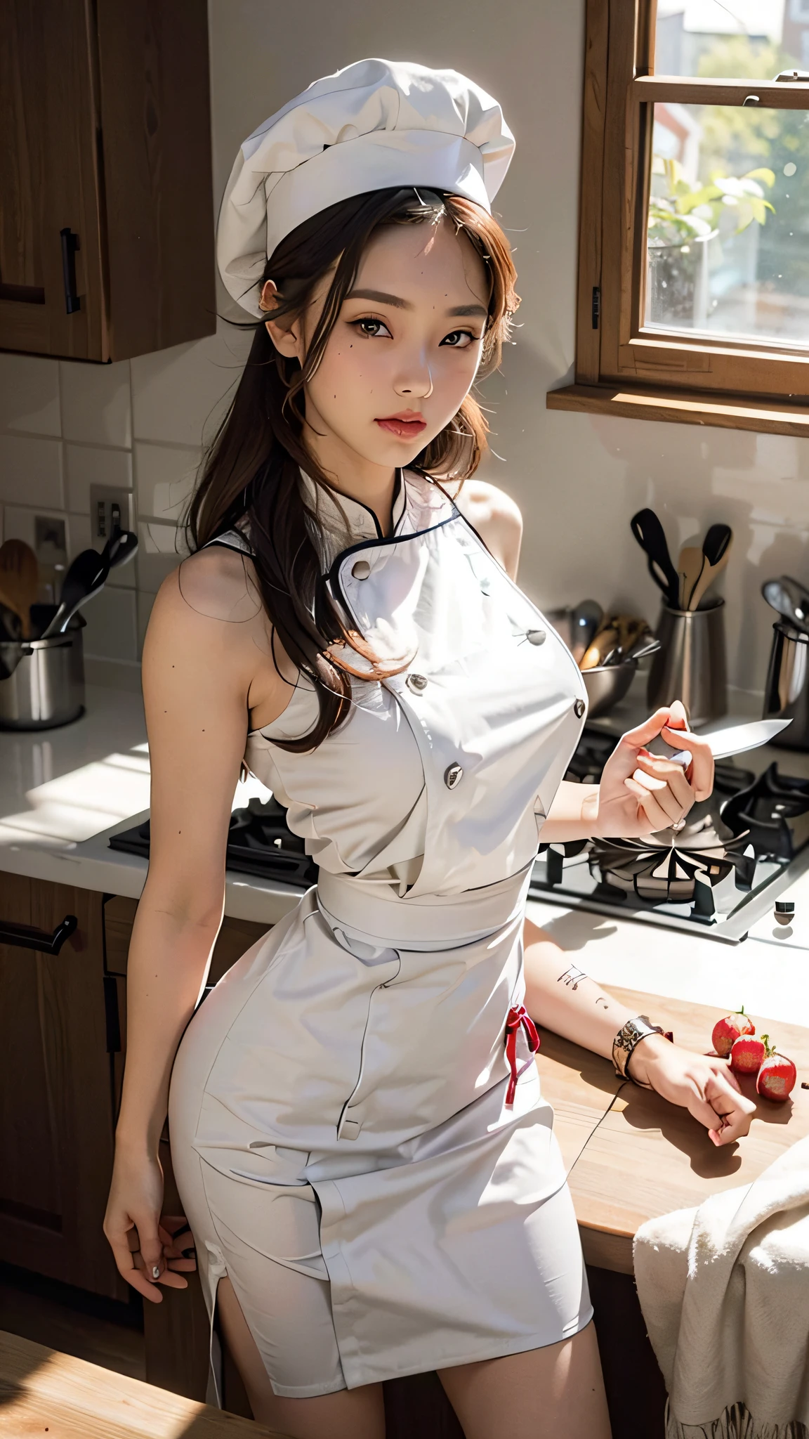 Beautiful sexy woman posing in kitchen, Tog Branche, cutting board and knife, ((chef's hat))