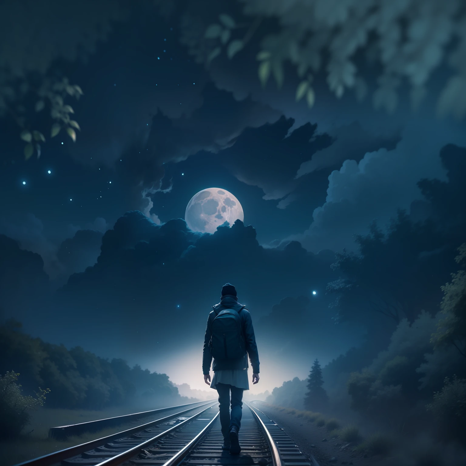 A person on his back walking on the railway moon forest silence stars 4k