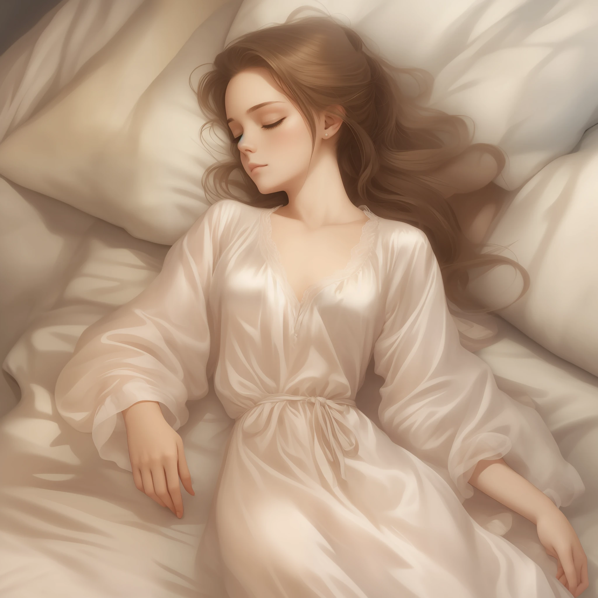 Sleeping girl,age 22,petite,realisticlying,Wearing a silk nightdress,Realistis,Detailed face