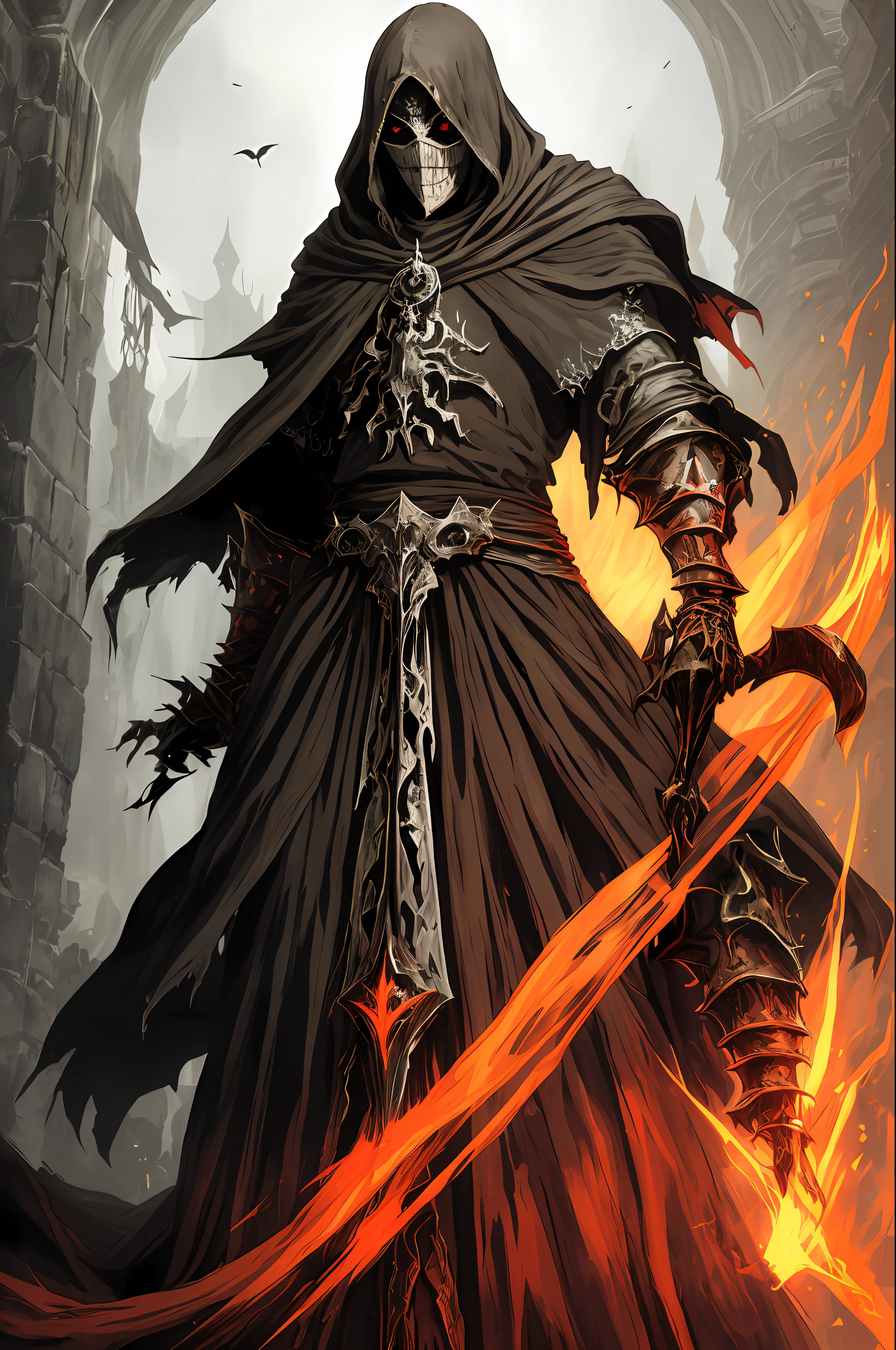 (Ashenhard style:1.4), tmasterpiece, Best quality, High quality, (Creatures with smaller colors,Has a dark red glow and red eyes,Surrounded by darkness, iintricate, high detal,Yellow-robed mage,King of the Yellow Robe,Holy and noble,ellegance,Priest in a black mask,blackmask,mages,curate,The yellow robe is trimmed with white