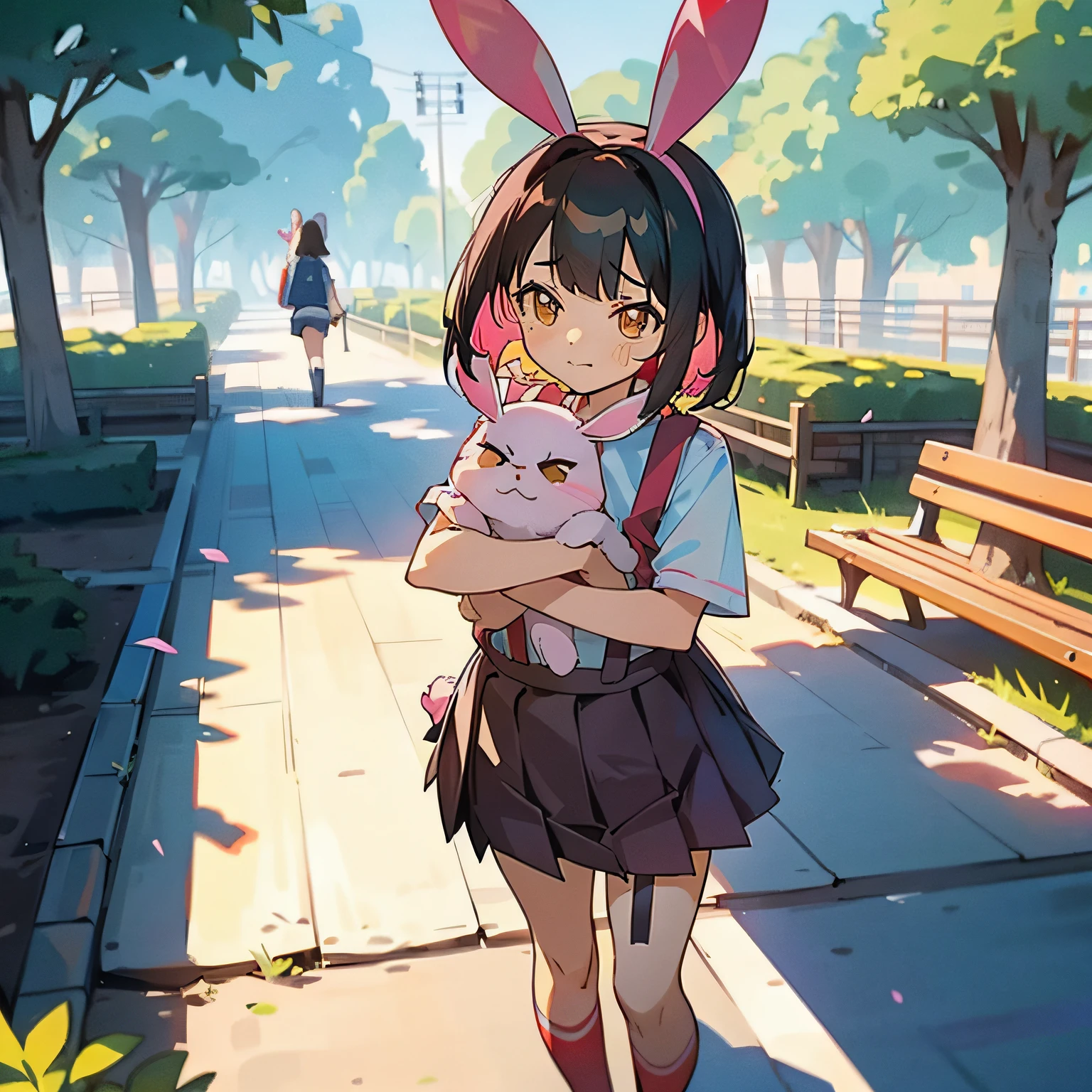 One girl. (masutepiece, of the highest quality, Kyoto Animation Style Illustration, of the highest quality, Official art, aesthetics, Beautiful details, :1. 2), BREAK, (17 years old girl), Very detailed, colourfull, highest details, BREAK, (girl, Cute, Cheerful, Loli face, A dark-haired、a short bob、tareme, gleaming skin, Hugging a stuffed rabbit, Playboy Bunny,(tshirts:1.1),(Pleated skirt and red suspenders:1.2), High socks with pink and yellow stripes,Pink Bunny Years Hair Band,BREAK,Walking,A little grumpy face, BREAK,(a park:1.3),,Benches, seesaw,( A few schoolchildren),
