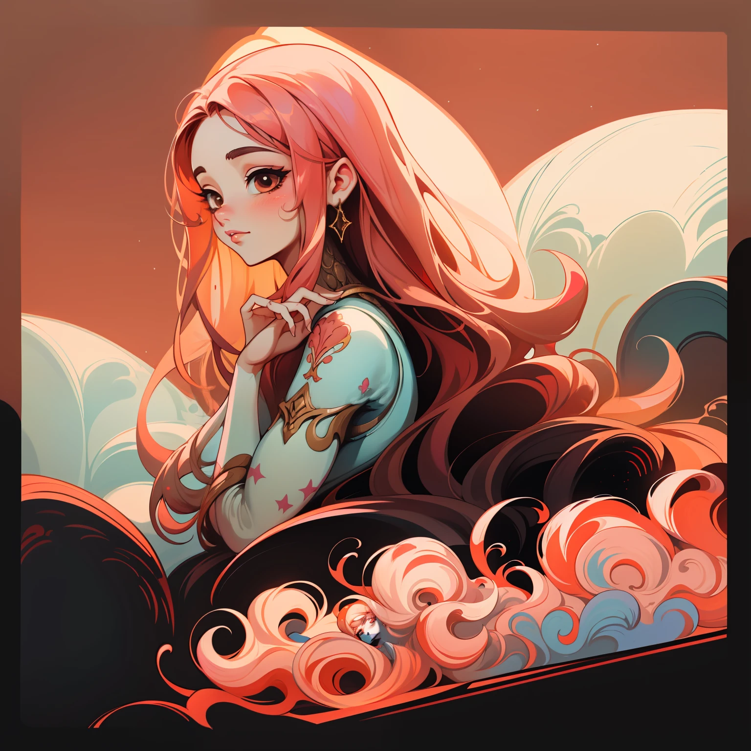 adesivo,1girl, fundo simples, retrato, girl with long hair, beautiful venus girl, venus aesthetic, beautiful girl, very beautiful fantasy art, beautiful and elegant female venus, beautiful detailed fantasy, red and pink color palate, red color-theme