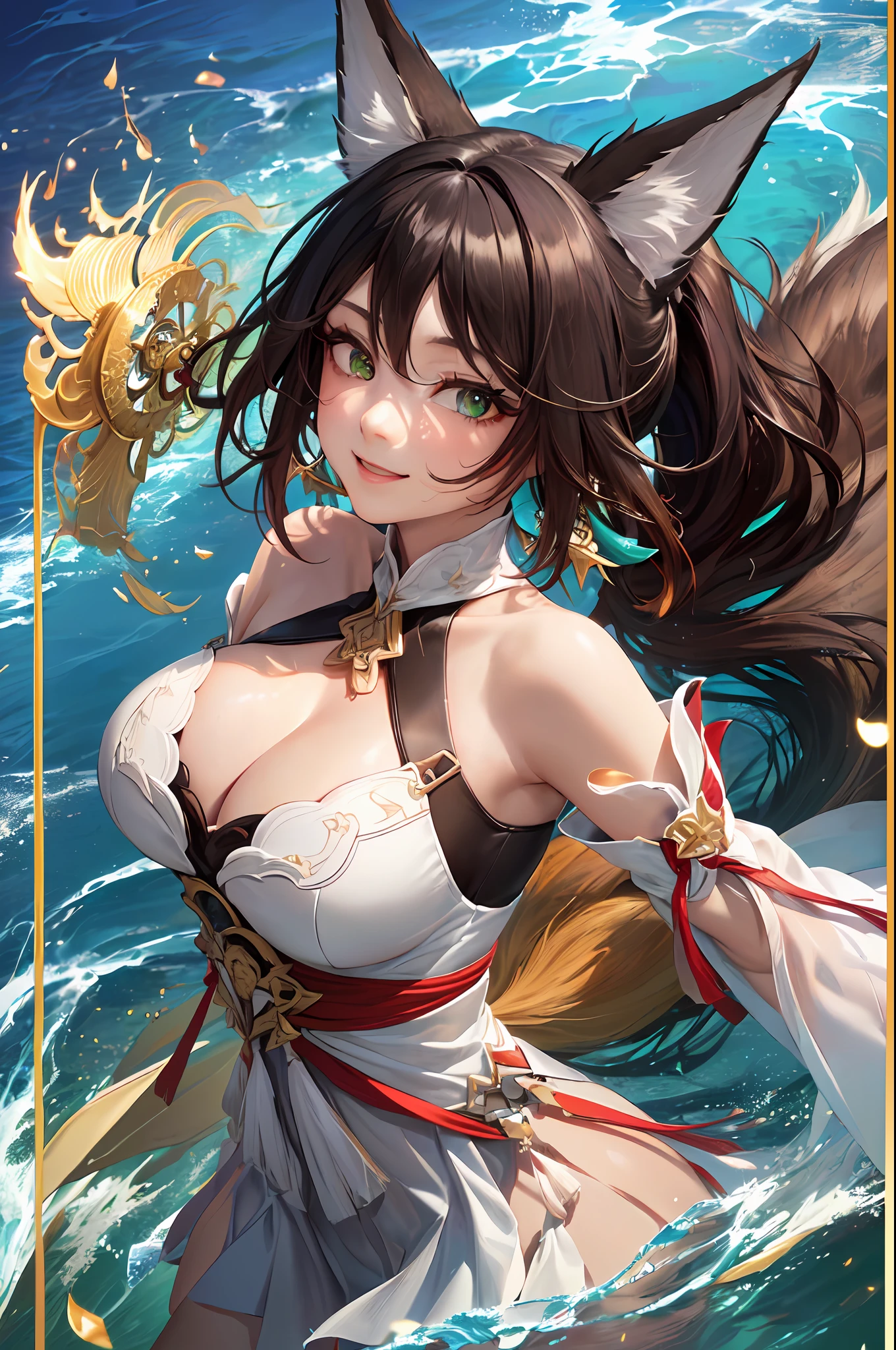 (Dynamic angle, upper body,sky,water,imid shot, particle effect,artistic effect:1.2),(floating and spread hair:1.2), (detailed and delicate and flexible eyes),(1girl,solo,arm, Tingyun (Honkai Star Rail),splash ink,smile,shout,dark brown hair,green eyes,bare shoulders, jewerly, ponytail, medium hair, brown hair, dress, large breasts, detached sleeves,Big fox ears:1.2), (corrpution:1.15), fov,f/1.8, side lighting, sunlight ,(masterpiece, best quality, Ultra Detail, wallpaper, detailed shiny skin, flawless, 8k, RAW, highres,absurdres,:1.3), (detailed super oily shiny skin:1.1), colorful, power,