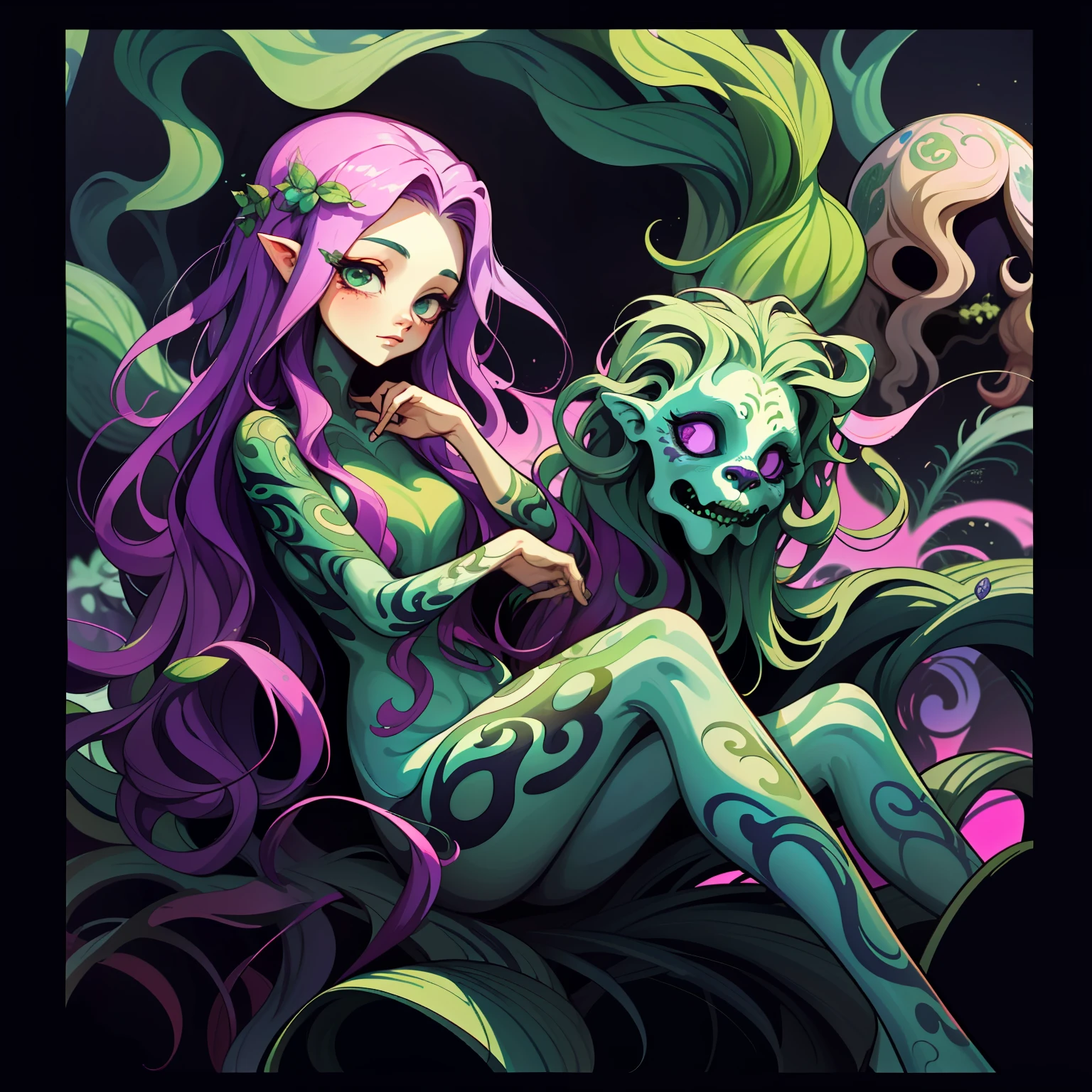 adesivo,1girl, fundo simples, retrato, girl with long hair, beautiful medusa girl, medusa aesthetic, beautiful girl, very beautiful fantasy art, beautiful and elegant female medusa, beautiful detailed fantasy, green and purple color palate, green color-theme