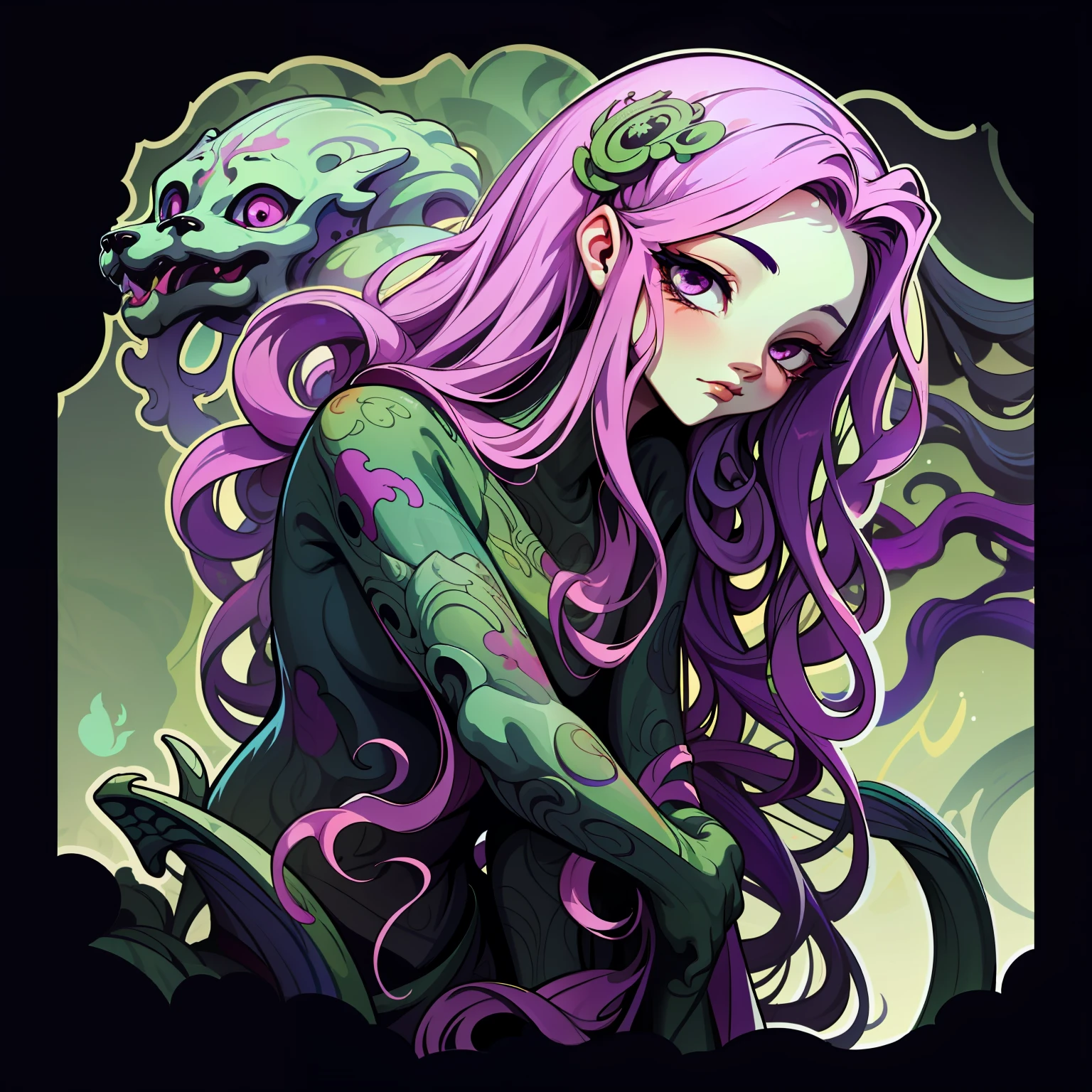 adesivo,1girl, fundo simples, retrato, girl with long hair, beautiful medusa girl, medusa aesthetic, beautiful girl, very beautiful fantasy art, beautiful and elegant female medusa, beautiful detailed fantasy, green and purple color palate, green color-theme