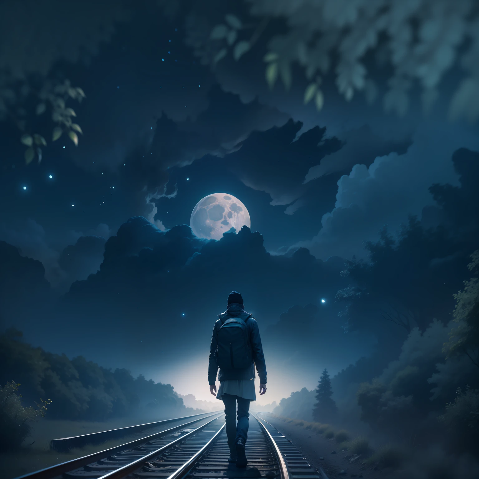 A person on his back walking on the railway moon forest silence stars 4k