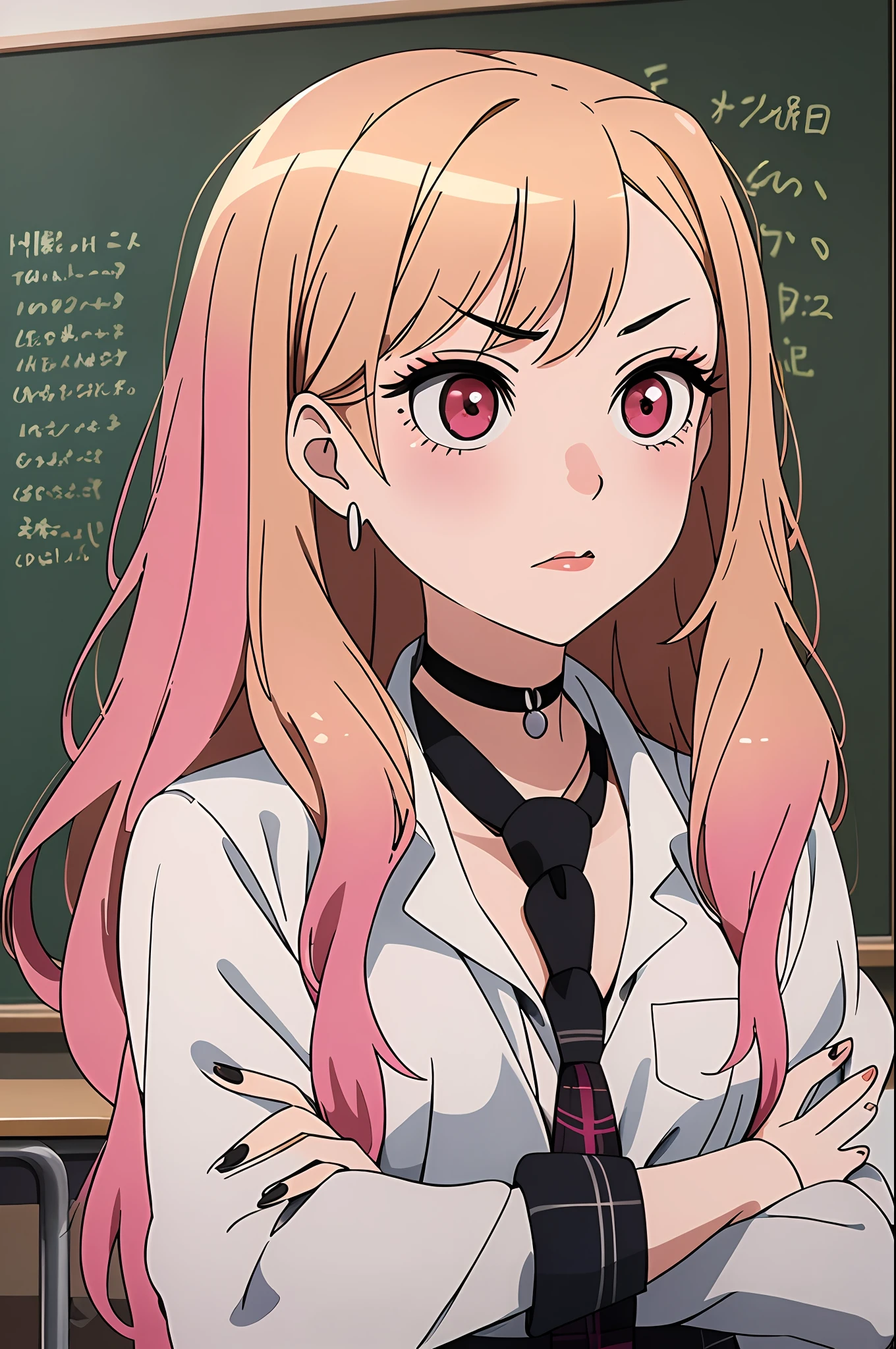 1girl, Kitagawa, portrait, blonde, masterpiece, best quality, highres, upper blodie, (from front), 1 girl, blonde hair, long hair, hq, straight hair, pink hair tips, red eyes, piercing in ear, school uniform, white shirt, tied shirt, black chocker, gray necktie, skirt plaid, (serious), look serious, flushy, pink lips, medium bust, (stand), (school class), soft skin, (high quality cloting), shiny eyes, pink eyelid, black eyeliner, nails pink, (crossed arms), beautiful face, 4k, chalkboard in the background, best quality, raw camera, chairs tables,