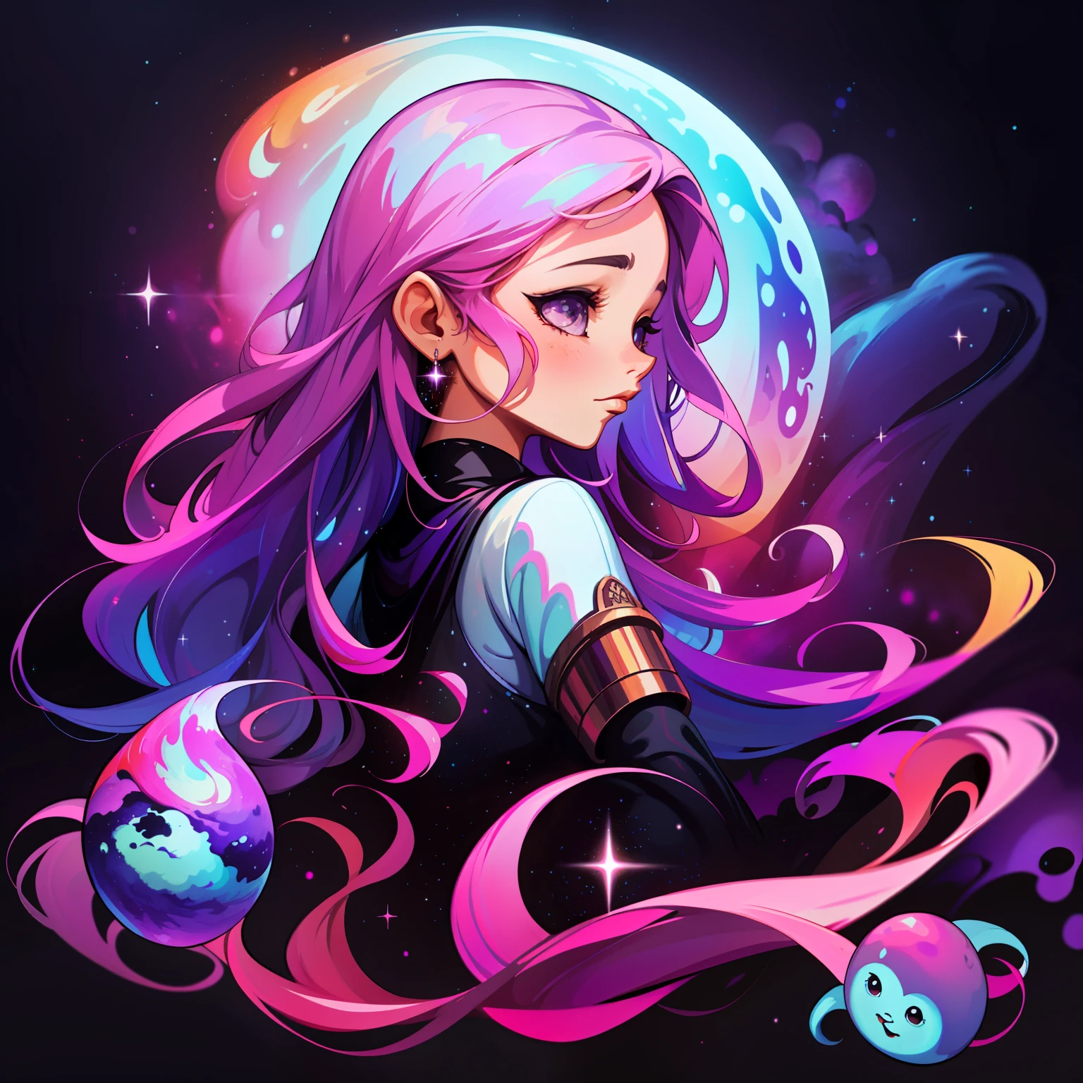 adesivo,1girl, fundo simples, retrato, girl with long hair, beautiful galaxy girl, galaxy aesthetic, beautiful girl, very beautiful fantasy art, beautiful and elegant female galaxy, beautiful detailed fantasy, purple and pink color palate, purple color-theme