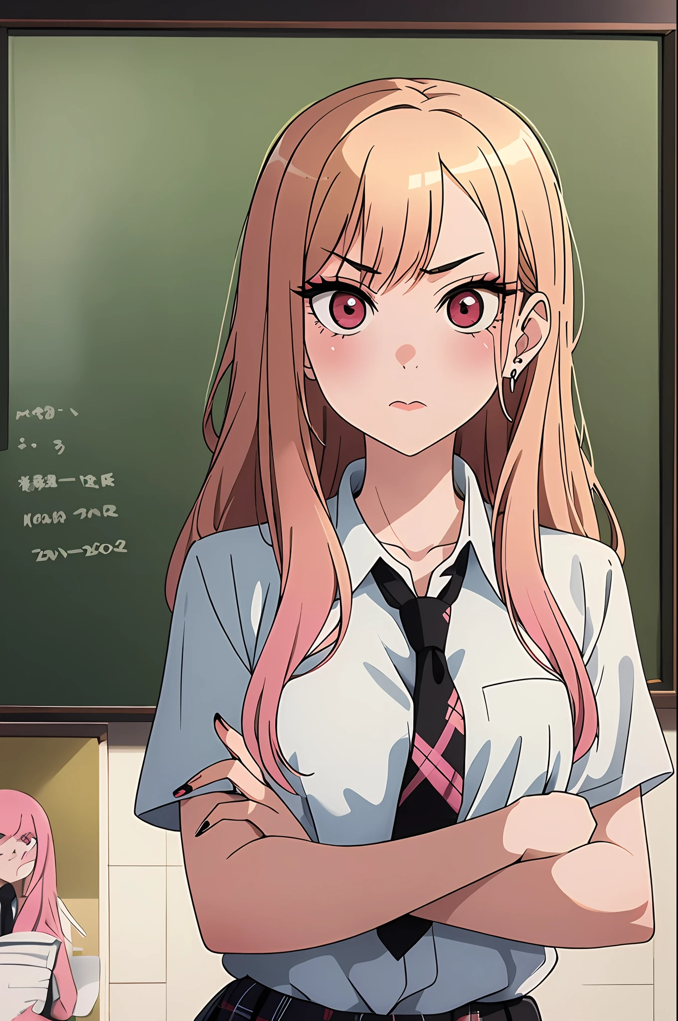 1girl, Kitagawa, portrait, blonde, masterpiece, best quality, highres, upper blodie, (from front), 1 girl, blonde hair, long hair, hq, straight hair, pink hair tips, red eyes, piercing in ear, school uniform, white shirt, tied shirt, black chocker, gray necktie, skirt plaid, (serious), look serious, flushy, pink lips, medium bust, (stand), (school class), soft skin, (high quality cloting), shiny eyes, pink eyelid, black eyeliner, nails pink, (crossed arms), beautiful face, 4k, chalkboard in the background, best quality, raw camera, chairs tables,