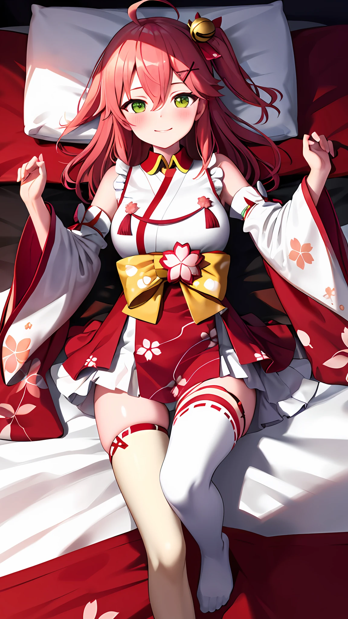 masterpiece, best quality, highres, miko1, sakura miko, 1girl, green eyes, solo, ahoge, x hair ornament, pink hair, single thighhigh, floral print, hairclip, sideboob, hair bell, floral print, long hair, hair between eyes, one side up, white thighhighs, asymmetrical legwear, wide sleeves, smile, blush, hands behind, lying, lying on bed, bedroom,