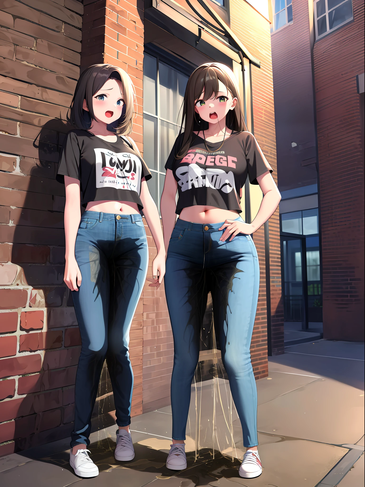 (masterpiece,best quality,high resolution), 3girls, (((jeans pants))), ((full body)), crop top, naval, midriff, blush, worried, open mouth, outside, ((((((big pee stain))))))