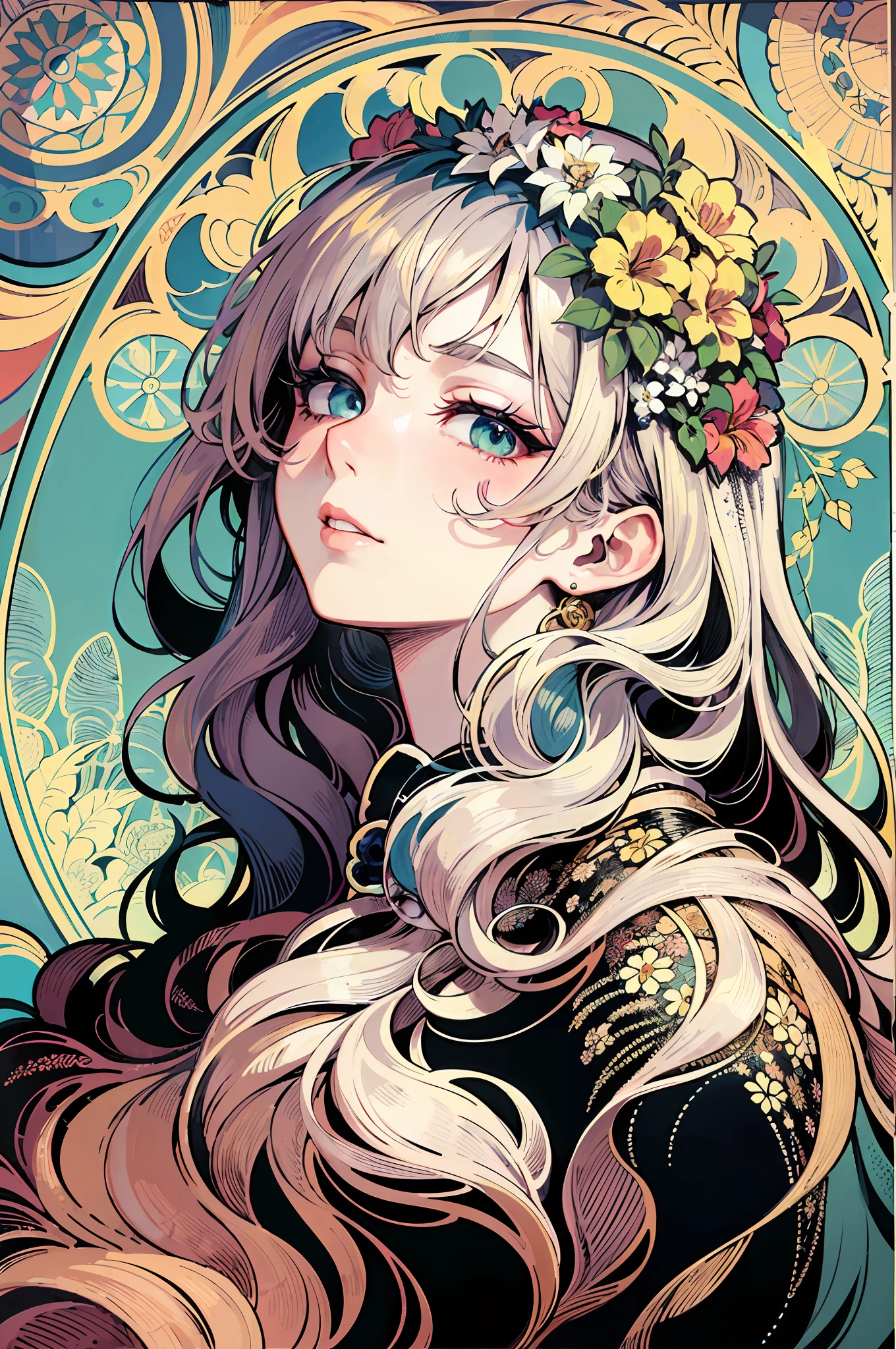 Facial portrait of a European woman，with long coiled hair，whaite hair，Floral frame，Decorative panels，abstract artistic，Alphonse Mucha（tmasterpiece，best qualtiy，A high resolution：1.4），A detailed，complexdetails，4K，splash of color，line art，Fibonacci,Golden iris，Golden eyes