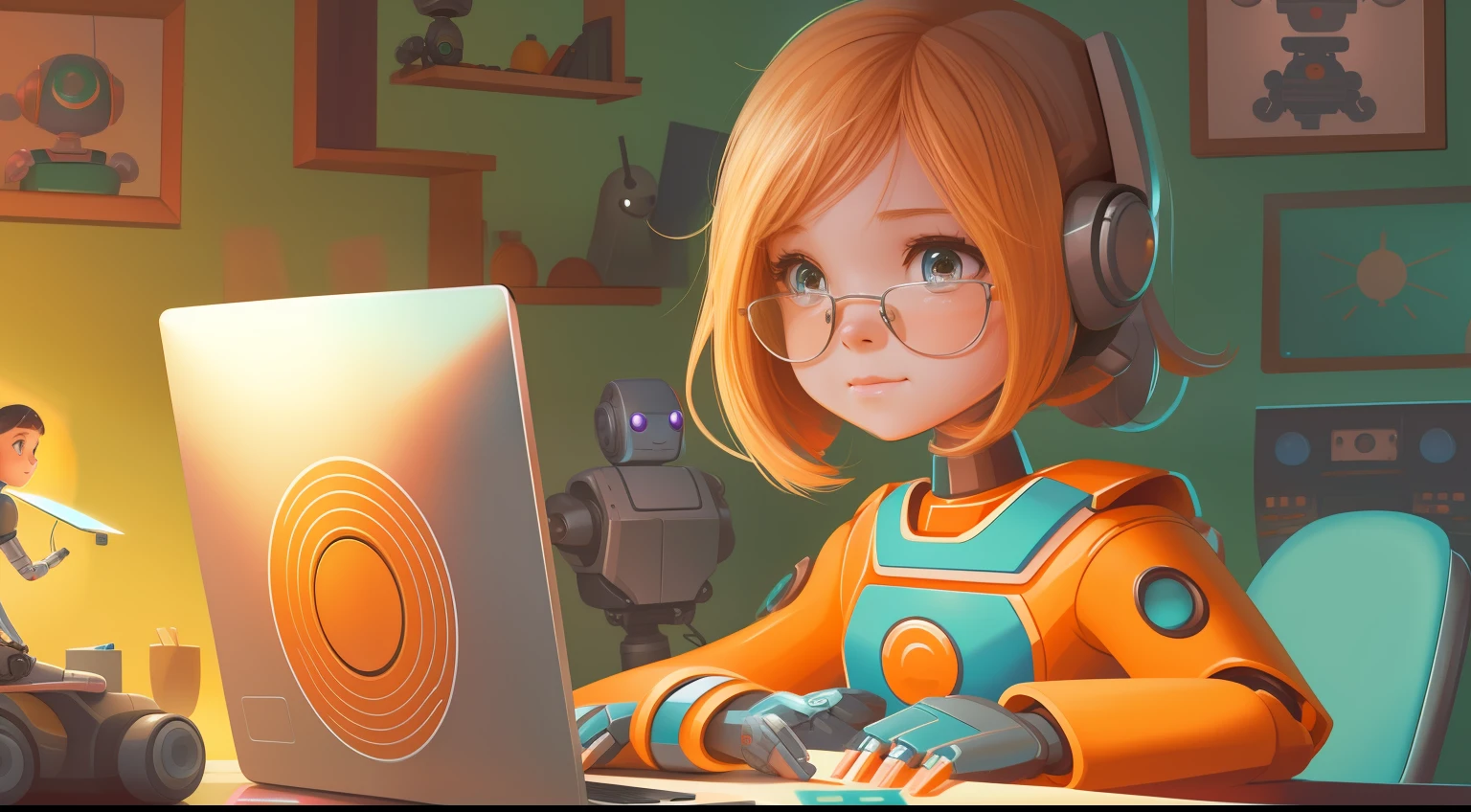Cartoon of girl sitting at desk with robot and laptop, Girl meets robot, Women and robots, Adorable Digital Painting, adorable friendly robot, loish van baarle, Cute robot, cute humanoid robot, loish and goro fujita, digital 2D illustration, cute detailed digital art, Robot Portrait, 2D Illustration