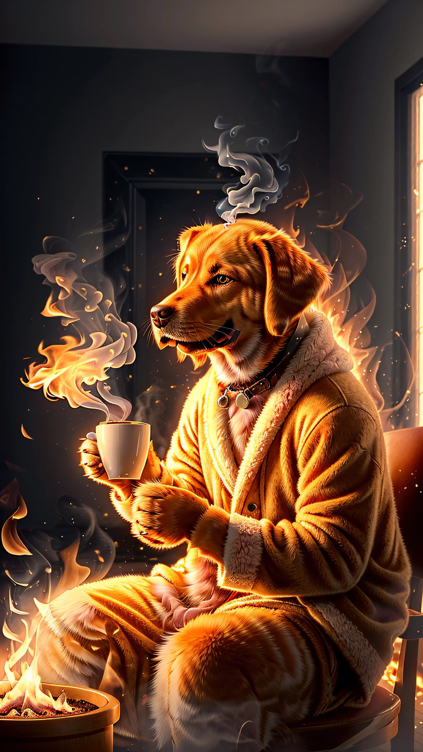 (best quality:1.23), (masterpiece:1.12), (realistic:1.24), (anthropomorphic dog:1.5) holding a coffee cup, sitting, in a robe, eating breakfast and holding a coffee cup, hat, particles, volumetric lighting, room burn down, ground and chair on fire, lots of gadgets and equipment on fire, smoke, (flames all around:1.2),