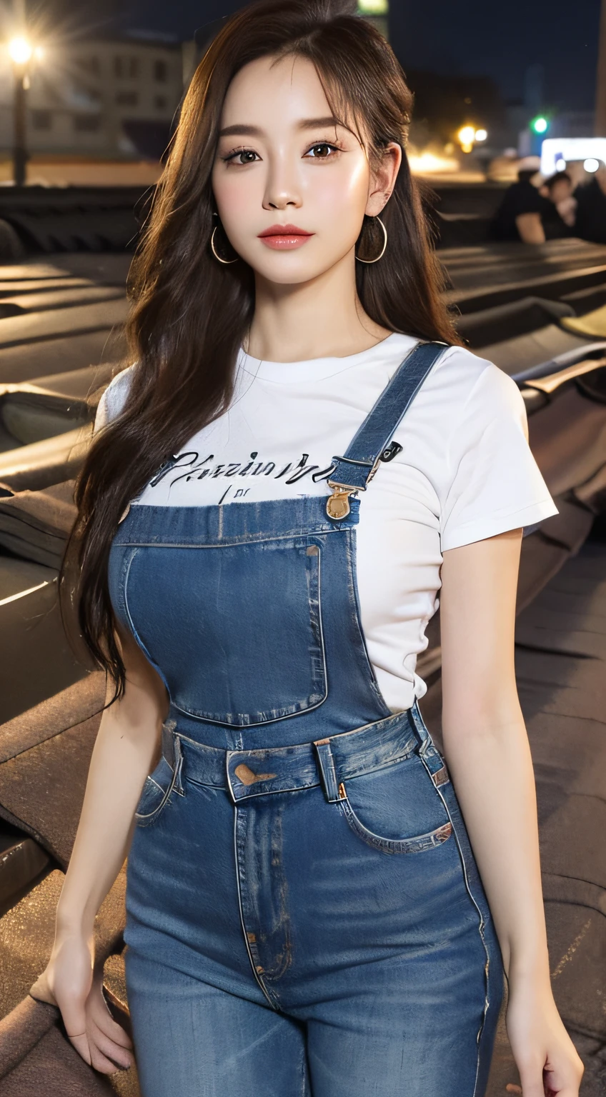((midynight, Need, 8k, tmasterpiece:1.3)), full bodyesbian, Long legs, Focalors:1.2, perfect figure beautiful woman:1.4, Slim abs:1.1, ((Dark brown hair, huge tit:1.2 )), (white tight t-shirt, Denim suspenders, standing on your feet:1.2), ((city night scene, the roof:1.3)), Highly detailed facial and skin texture, A detailed eye, Mature woman with double eyelids