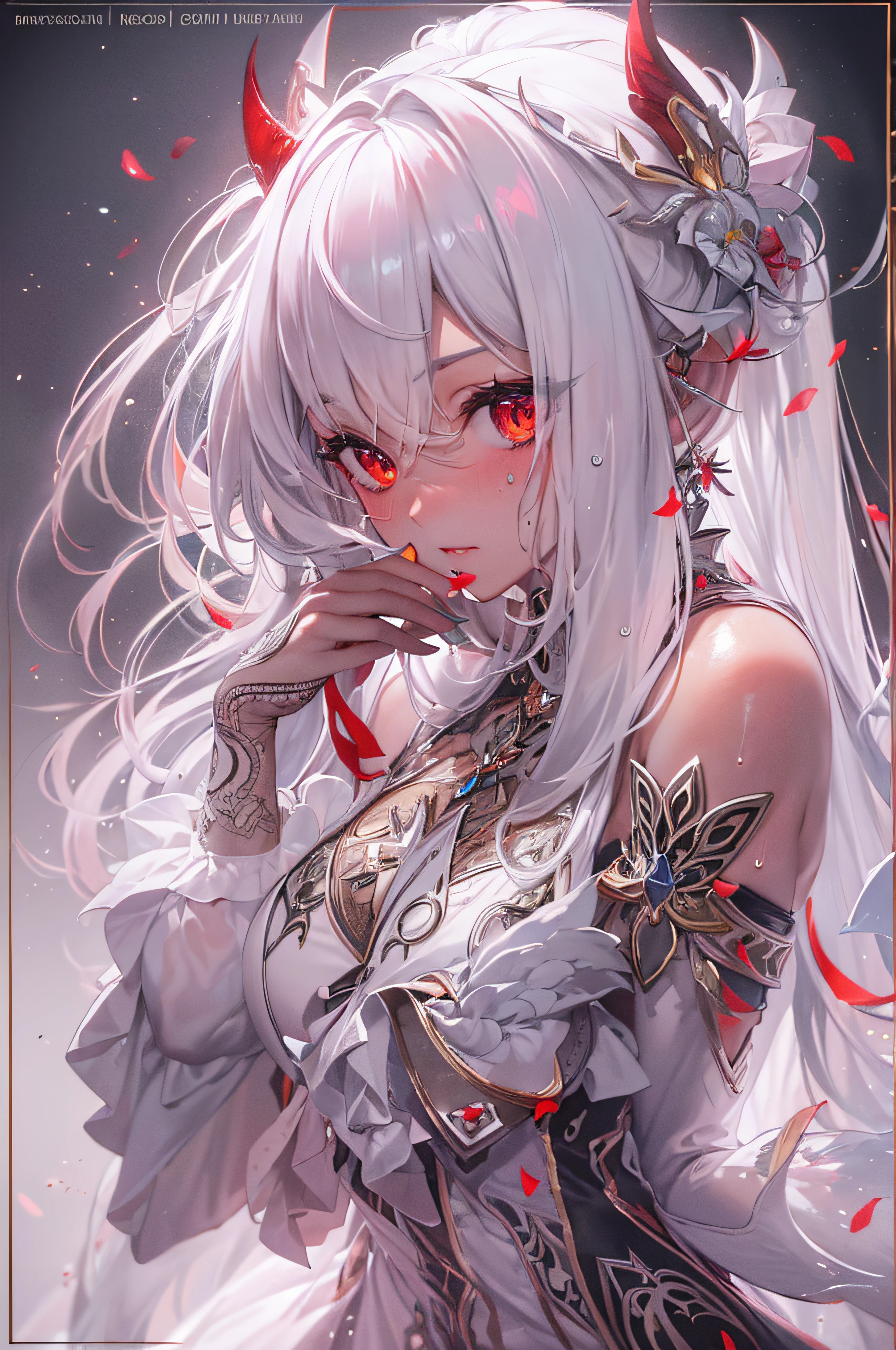 (masterpiece, top quality, best quality, official art, beautiful and aesthetic:1.2), (1girl:1.3), (fractal art:1.3),absurd, masterpiece, best quality, realistic, hyper-detailed, (shiny skin, sweaty:1.4), looking at viewer, slender, 1girl, solo, white sneakers, white miniskirt, straight long hair, princess cut, white hair, red eyes, (thick thighs:0.5), dynamic lighting, high resolution, sharp focus, depth of field, medium breasts, side boob, vampire, masterpiece, best quality, ultra-detailed, illustration, ultra-detailed face, best quality face, evil, 18 years old, adult, 1girl, 18 years old, white hair, alchemy outfit, intricate detailed outfit, sexy pose, glowing red dress, cute, kawaii, digital art, finely detailed eyes, blushing, red cheeks