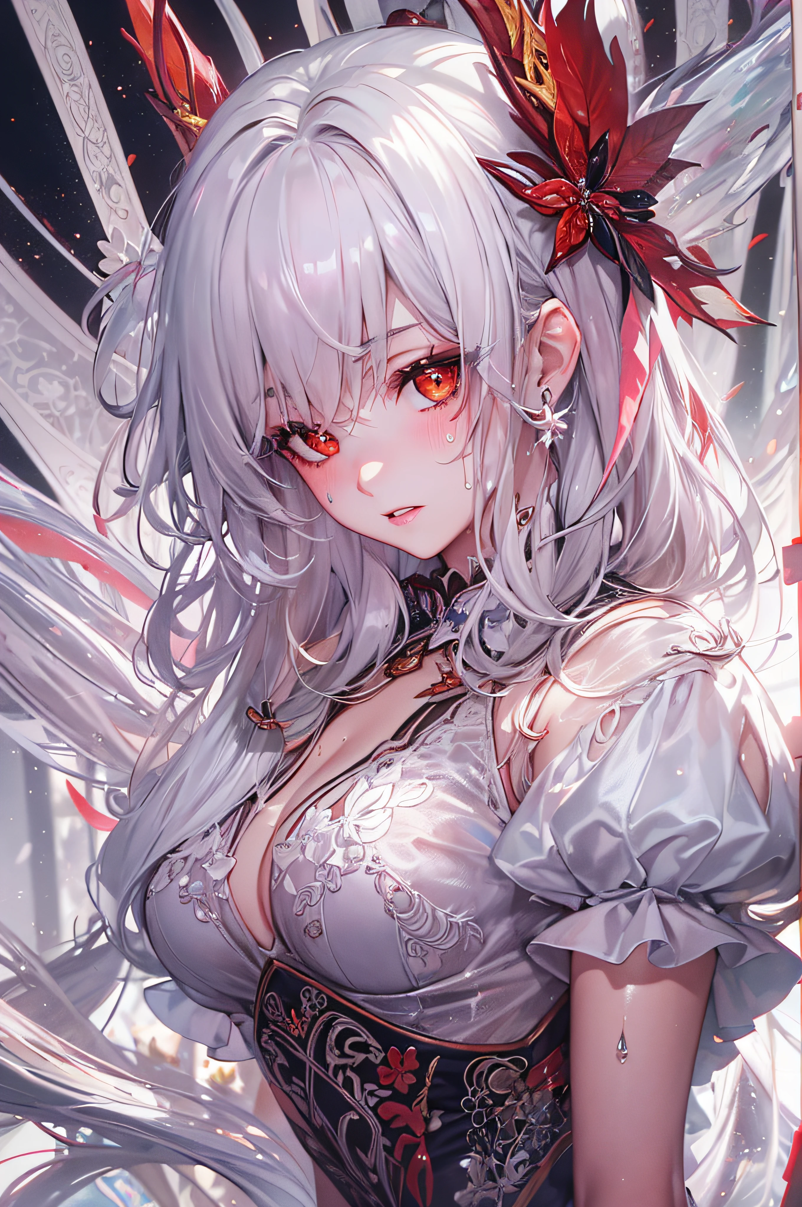 (masterpiece, top quality, best quality, official art, beautiful and aesthetic:1.2), (1girl:1.3), (fractal art:1.3),absurd, masterpiece, best quality, realistic, hyper-detailed, (shiny skin, sweaty:1.4), looking at viewer, slender, 1girl, solo, white sneakers, white miniskirt, straight long hair, princess cut, white hair, red eyes, (thick thighs:0.5), dynamic lighting, high resolution, sharp focus, depth of field, medium breasts, side boob, vampire, masterpiece, best quality, ultra-detailed, illustration, ultra-detailed face, best quality face, evil, 18 years old, adult, 1girl, 18 years old, white hair, alchemy outfit, intricate detailed outfit, sexy pose, glowing red dress, cute, kawaii, digital art, finely detailed eyes, blushing, red cheeks