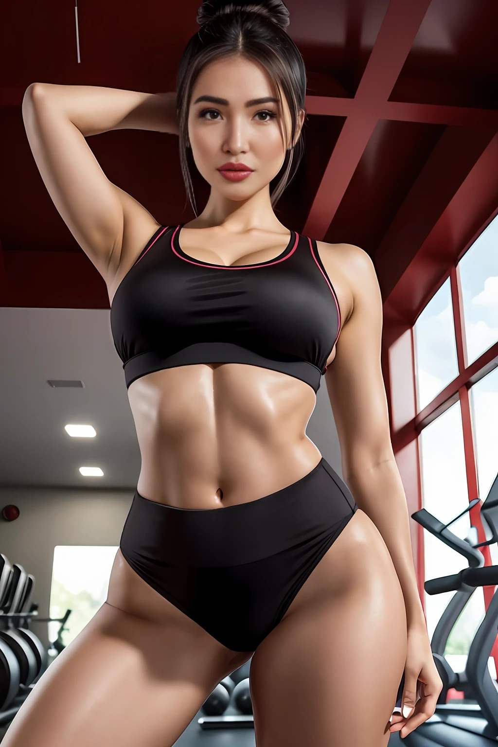 seductive kazakh woman, busty, brown hair, hair bun, wearing tight sports panties, tight top, deep neckline, sweaty skin, in gym, red lips, masterpiece, best quality, illustration, an extremely delicate and beautiful, extremely detailed, 1girl