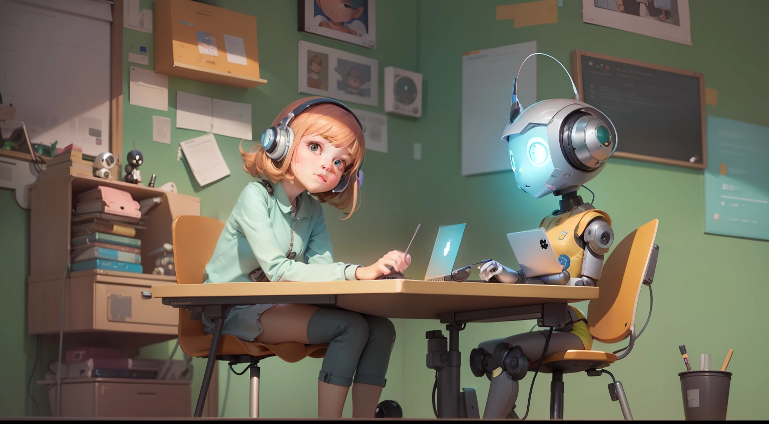 Cartoon of girl sitting at desk with robot and laptop, Girl Meets Robot, Women and robots, Adorable Digital Painting, adorable friendly robot, loish van baarle, Cute robot, cute humanoid robot, loish and goro fujita, digital 2D illustration, cute detailed digital art, Robot Portrait, 2D Illustration