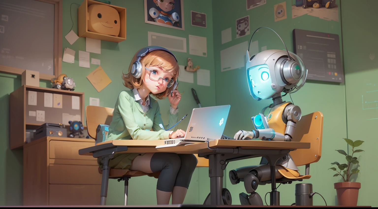 Cartoon of girl sitting at desk with robot and laptop, Girl Meets Robot, Women and robots, Adorable Digital Painting, adorable friendly robot, loish van baarle, Cute robot, cute humanoid robot, loish and goro fujita, digital 2D illustration, cute detailed digital art, Robot Portrait, 2D Illustration