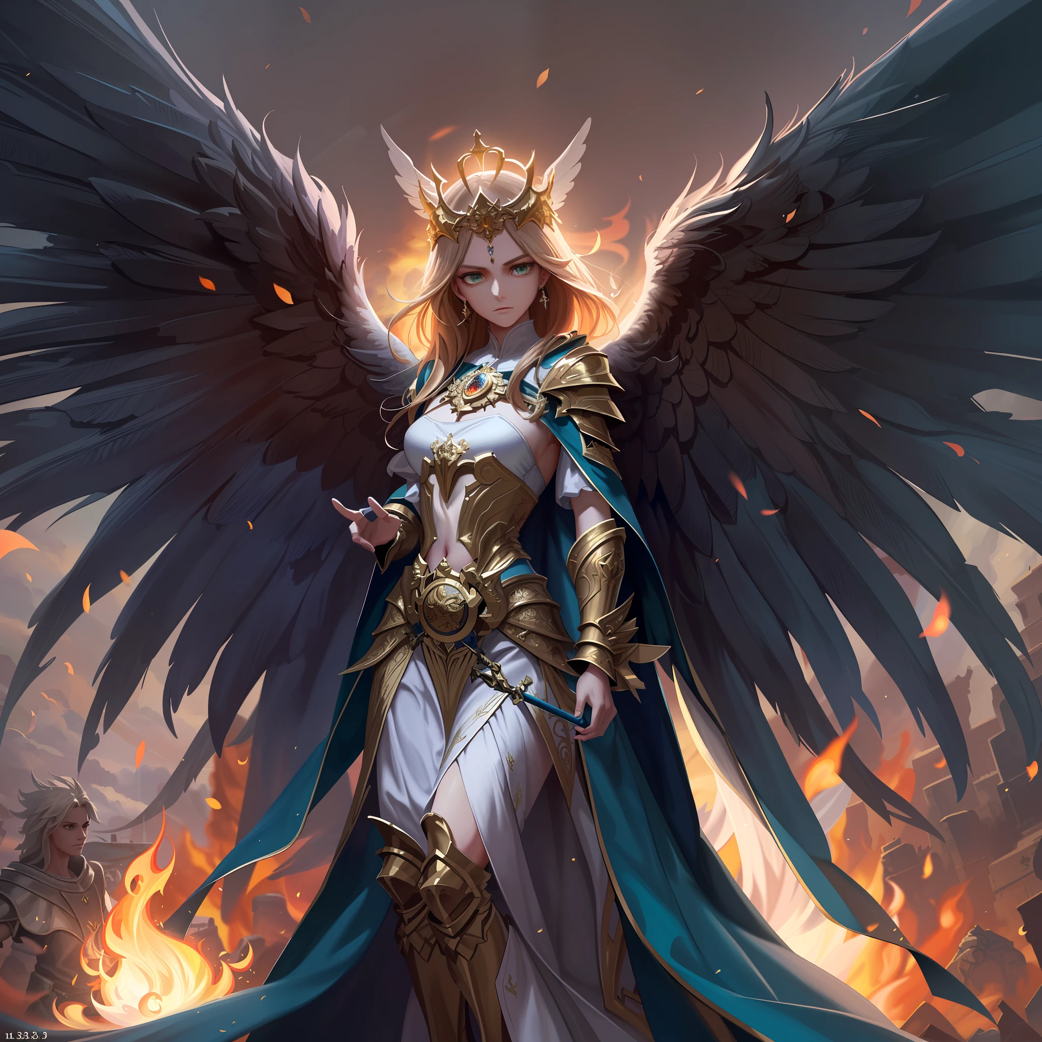 8k, ultra detailed, masterpiece, best quality, (extremely detailed), arafed, dnd art, panoramic view, full body, aasimar cleric casting a flaming spell,  aasimar, female, (Masterpiece 1.3, intense details), female, cleric, holy warrior, casting radiant spell, divine spell (Masterpiece 1.3, intense details) large angelic wings, azure angelic wings spread (Masterpiece 1.3, intense details), fantasy divine background (Masterpiece 1.5, intense details), sun, clouds, wearing white heavy armor (Masterpiece 1.3, intense details, holy symbol, blue cloak, flowing robe (Masterpiece 1.3, intense details), high heeled boots (Masterpiece 1.3, intense details), armed with mace, metalic hair, green eyes, intense eyes, feminine, ultra detailed face, (Masterpiece 1.5, best quality), anatomically correct (Masterpiece 1.3, intense details), determined face, divine light, cinematic lighting, soft light, silhouette, photorealism, panoramic view (Masterpiece 1.3, intense details) , Wide-Angle, Ultra-Wide Angle, 8k, highres, best quality, high details