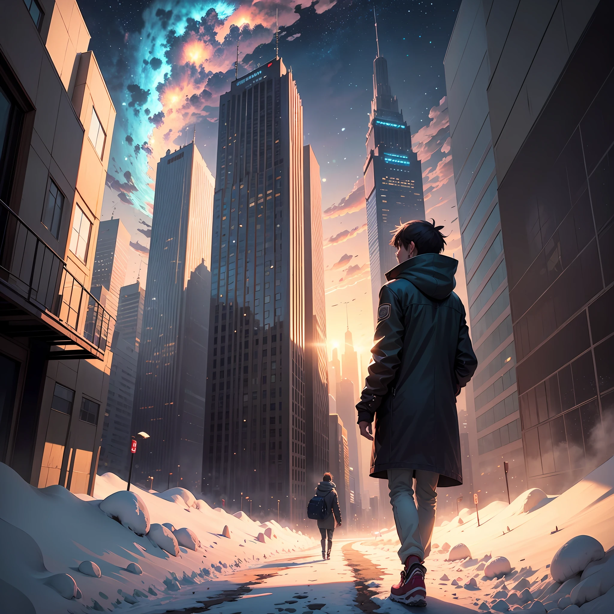 anime scenery of a city with a tower and a person walking on a snowy path, cosmic skies. by makoto shinkai, beautiful anime scene, makoto shinkai cyril rolando, anime background art, beautiful anime scenery, anime art wallpaper 4k, anime art wallpaper 4 k, 4k anime wallpaper, anime wallpaper 4 k, anime wallpaper 4k --auto