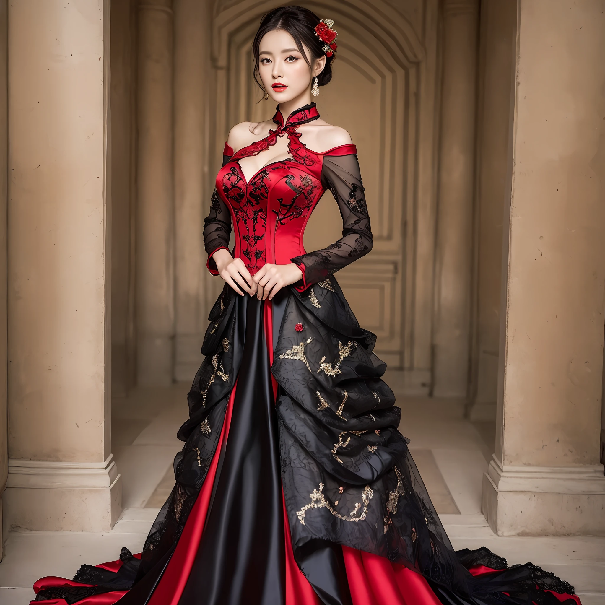 Alafed woman in black and red dress posing for photo, black and red silk clothing, elegant corset, Black and red dress, gorgeous woman, fantasy long intricate gown, stunning elegant, captivating and enticing, Cheongsam, wearing fantasy formal clothing, complex dress, Chinese dress, Elegant dress, corsets, sexy gown, intricate fantasy dress, Full dress
