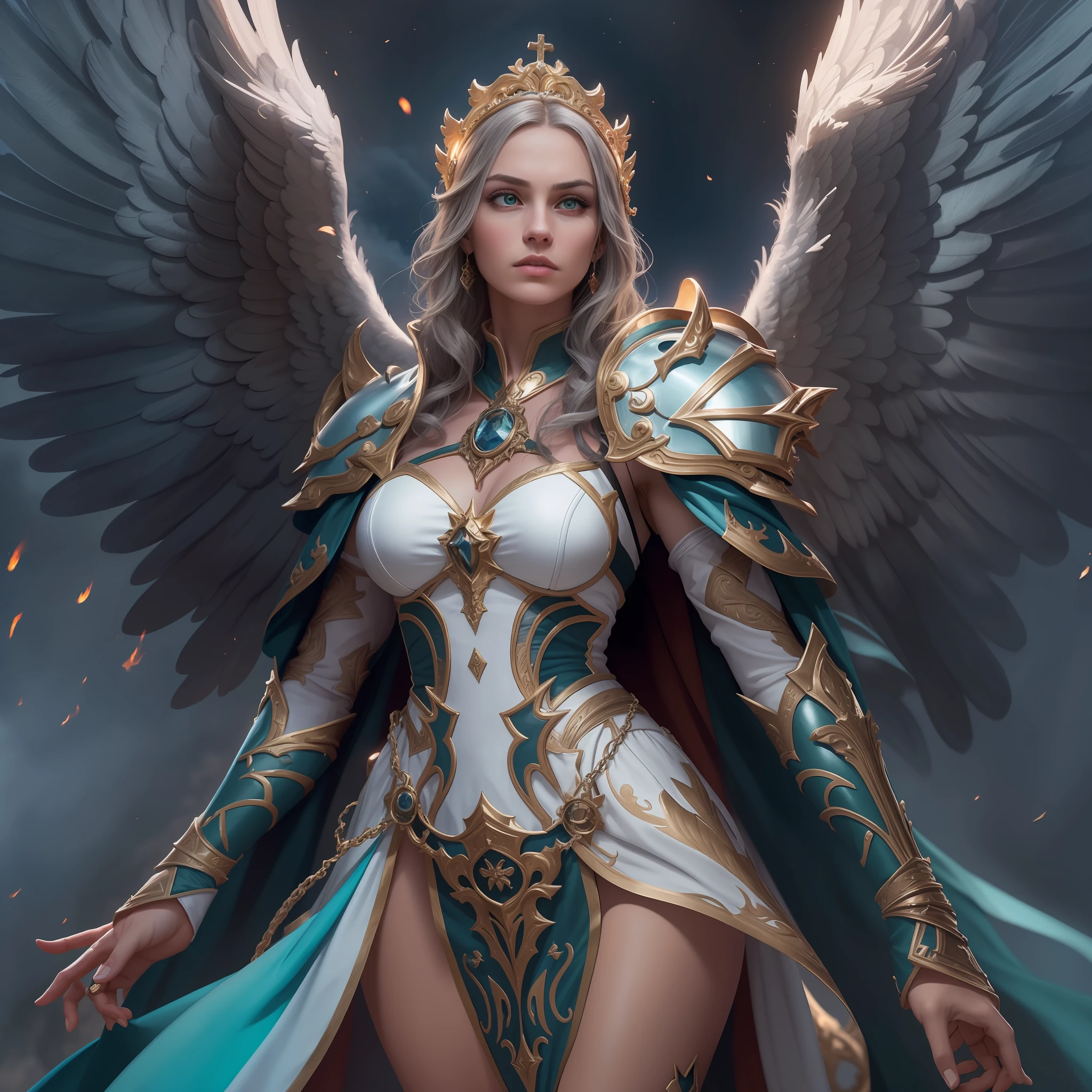 8k, ultra detailed, masterpiece, best quality, (extremely detailed), arafed, dnd art, panoramic view, full body, aasimar cleric casting a flaming spell,  aasimar, female, (Masterpiece 1.3, intense details), female, cleric, holy warrior, casting radiant spell, divine spell (Masterpiece 1.3, intense details) large angelic wings, azure angelic wings spread (Masterpiece 1.3, intense details), fantasy divine background (Masterpiece 1.5, intense details), sun, clouds, wearing white heavy armor (Masterpiece 1.3, intense details, holy symbol, blue cloak, flowing robe (Masterpiece 1.3, intense details), high heeled boots (Masterpiece 1.3, intense details), armed with mace, metalic hair, green eyes, intense eyes, feminine, ultra detailed face, (Masterpiece 1.5, best quality), anatomically correct (Masterpiece 1.3, intense details), determined face, divine light, cinematic lighting, soft light, silhouette, photorealism, panoramic view (Masterpiece 1.3, intense details) , Wide-Angle, Ultra-Wide Angle, 8k, highres, best quality, high details