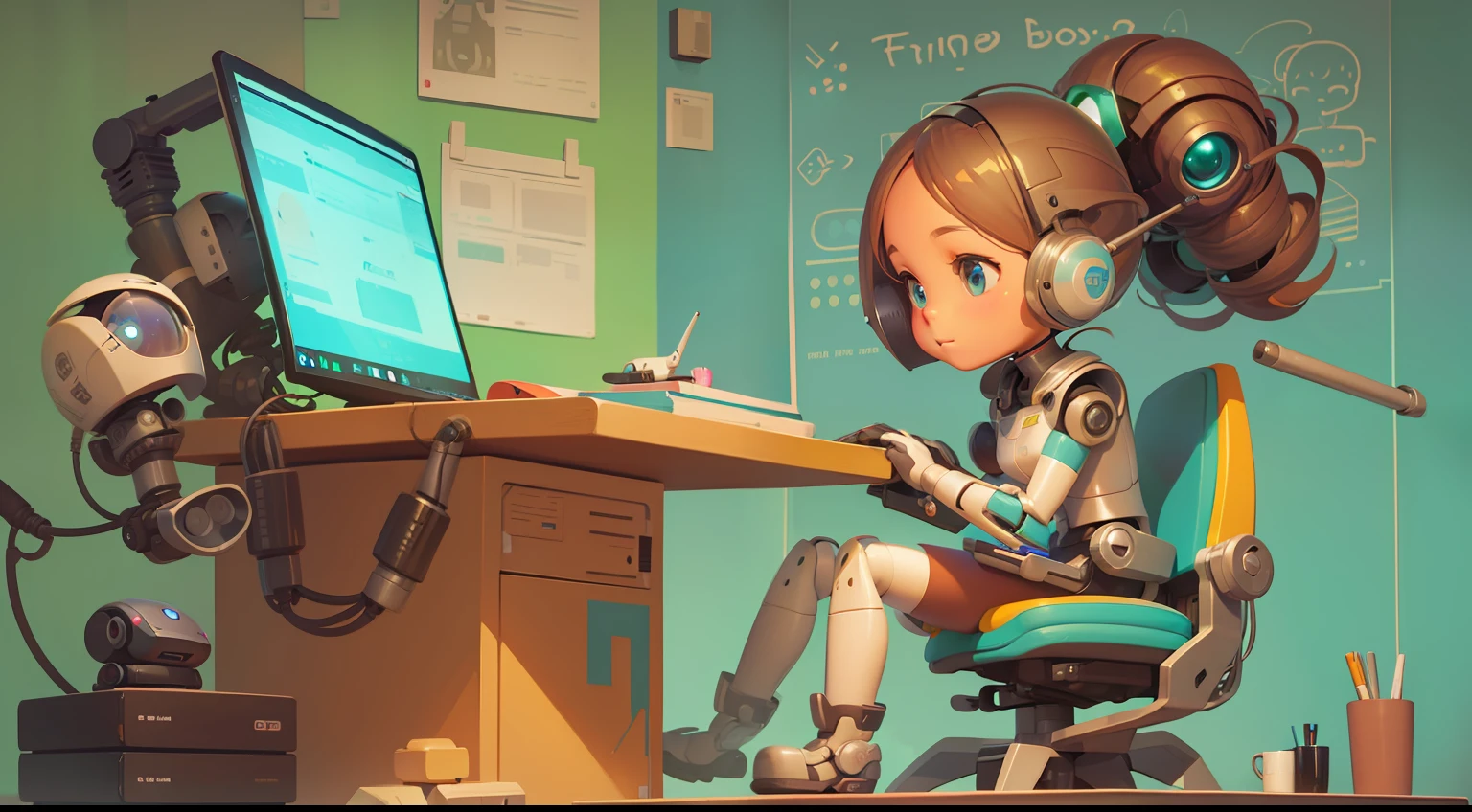 Cartoon of girl sitting at desk with robot and laptop, Girl Meets Robot,  Women and robots, Adorable Digital Painting, adorable friendly robot, loish van baarle, Cute robot, cute humanoid robot, loish and goro fujita, digital 2D illustration, cute detailed digital art, Robot Portrait, 2D Illustration