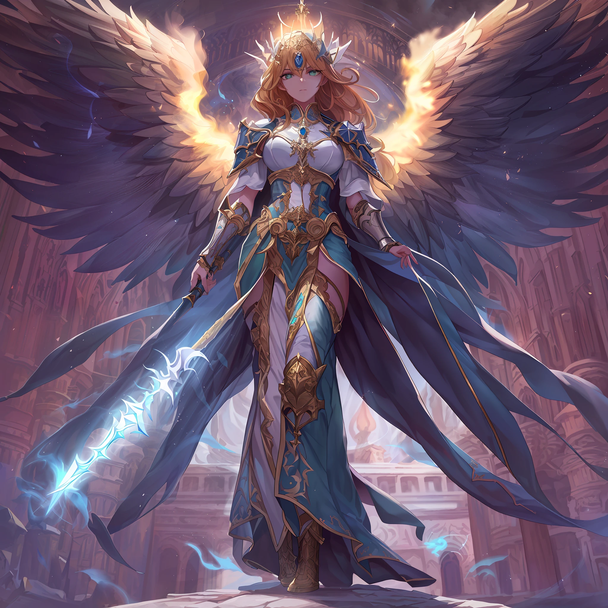 8k, ultra detailed, masterpiece, best quality, (extremely detailed), arafed, dnd art, panoramic view, full body, aasimar cleric casting a flaming spell, aasimar, female, (Masterpiece 1.3, intense details), female, cleric, holy warrior, casting radiant spell, divine spell (Masterpiece 1.3, intense details) large angelic wings, azure angelic wings spread (Masterpiece 1.3, intense details), fantasy divine background (Masterpiece 1.5, intense details), sun, clouds, wearing white heavy armor (Masterpiece 1.3, intense details, holy symbol, blue cloak, flowing robe (Masterpiece 1.3, intense details), high heeled boots (Masterpiece 1.3, intense details), armed with mace, metalic hair, green eyes, intense eyes, feminine, ultra detailed face, (Masterpiece 1.5, best quality), anatomically correct (Masterpiece 1.3, intense details), determined face, divine light, cinematic lighting, soft light, silhouette, photorealism, panoramic view (Masterpiece 1.3, intense details) , Wide-Angle, Ultra-Wide Angle, 8k, highres, best quality, high details