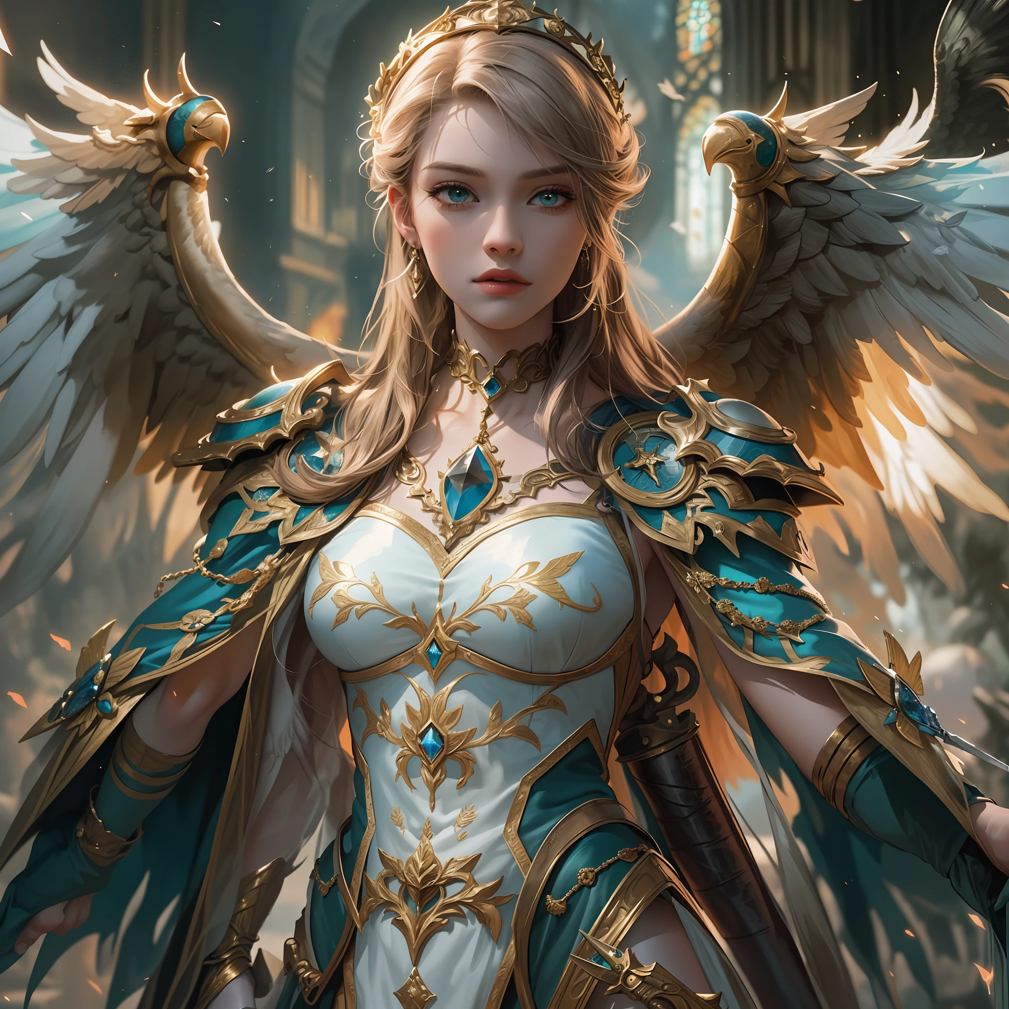 8k, ultra detailed, masterpiece, best quality, (extremely detailed), arafed, dnd art, panoramic view, full body, aasimar cleric casting a flaming spell, aasimar, female, (Masterpiece 1.3, intense details), female, cleric, holy warrior, casting radiant spell, divine spell (Masterpiece 1.3, intense details) large angelic wings, azure angelic wings spread (Masterpiece 1.3, intense details), fantasy divine background (Masterpiece 1.5, intense details), sun, clouds, wearing white heavy armor (Masterpiece 1.3, intense details, holy symbol, blue cloak, flowing robe (Masterpiece 1.3, intense details), high heeled boots (Masterpiece 1.3, intense details), armed with mace, metalic hair, green eyes, intense eyes, feminine, ultra detailed face, (Masterpiece 1.5, best quality), anatomically correct (Masterpiece 1.3, intense details), determined face, divine light, cinematic lighting, soft light, silhouette, photorealism, panoramic view (Masterpiece 1.3, intense details) , Wide-Angle, Ultra-Wide Angle, 8k, highres, best quality, high details